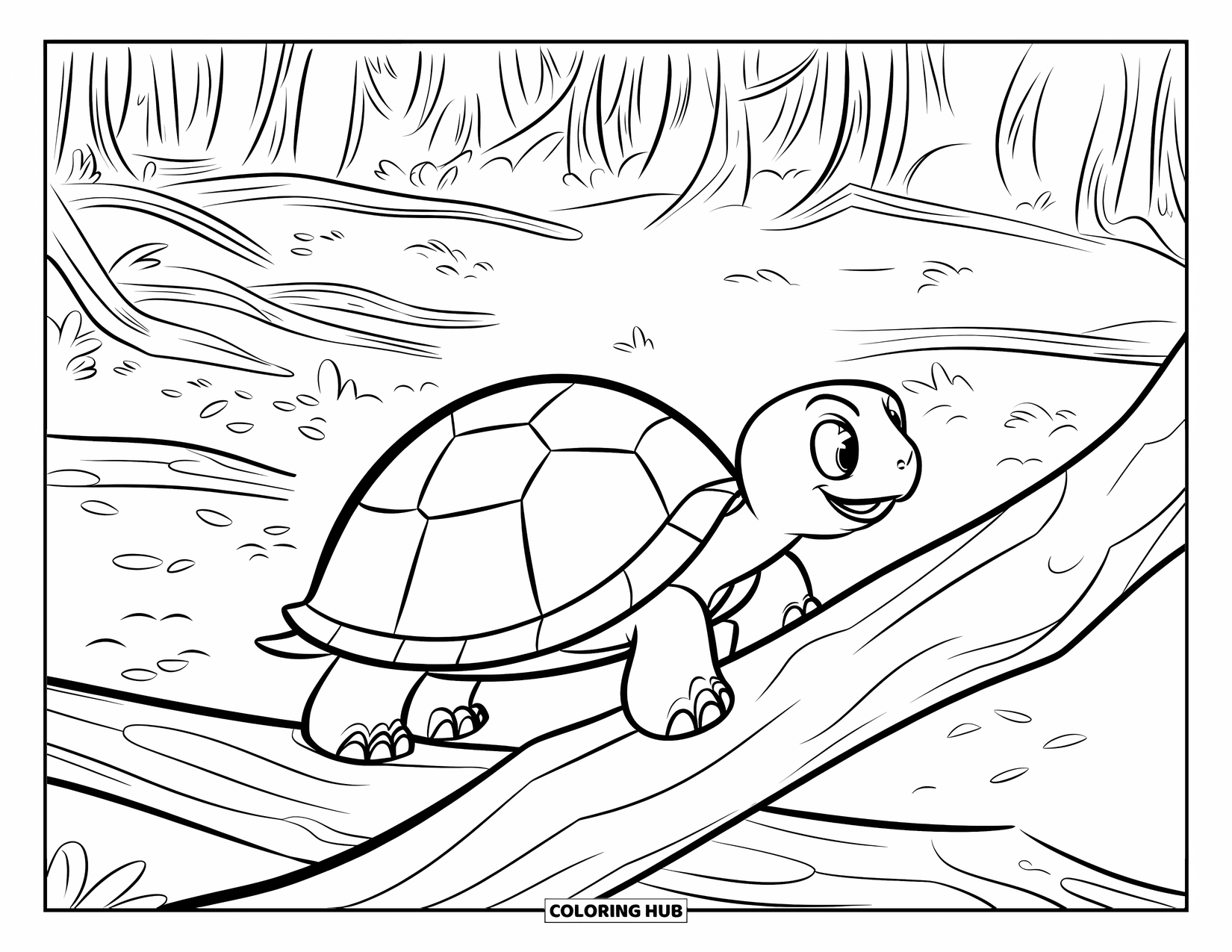 Kolorowanka z żółwiem dla dzieci: Żółw z okrągłą skorupą eksploruje las, przechodząc przez gałęzie i miękki mech