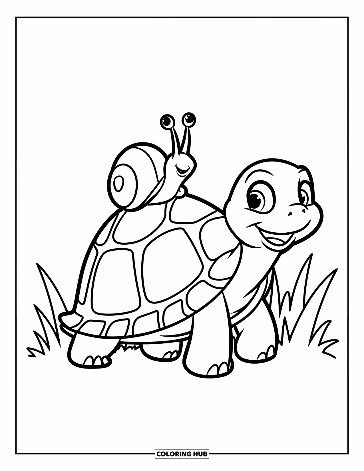 Kolorowanka z żółwiem dla dzieci: Żółw ze ślimakiem na grzbiecie idzie przez trawiasty teren z kwiatami i płotem