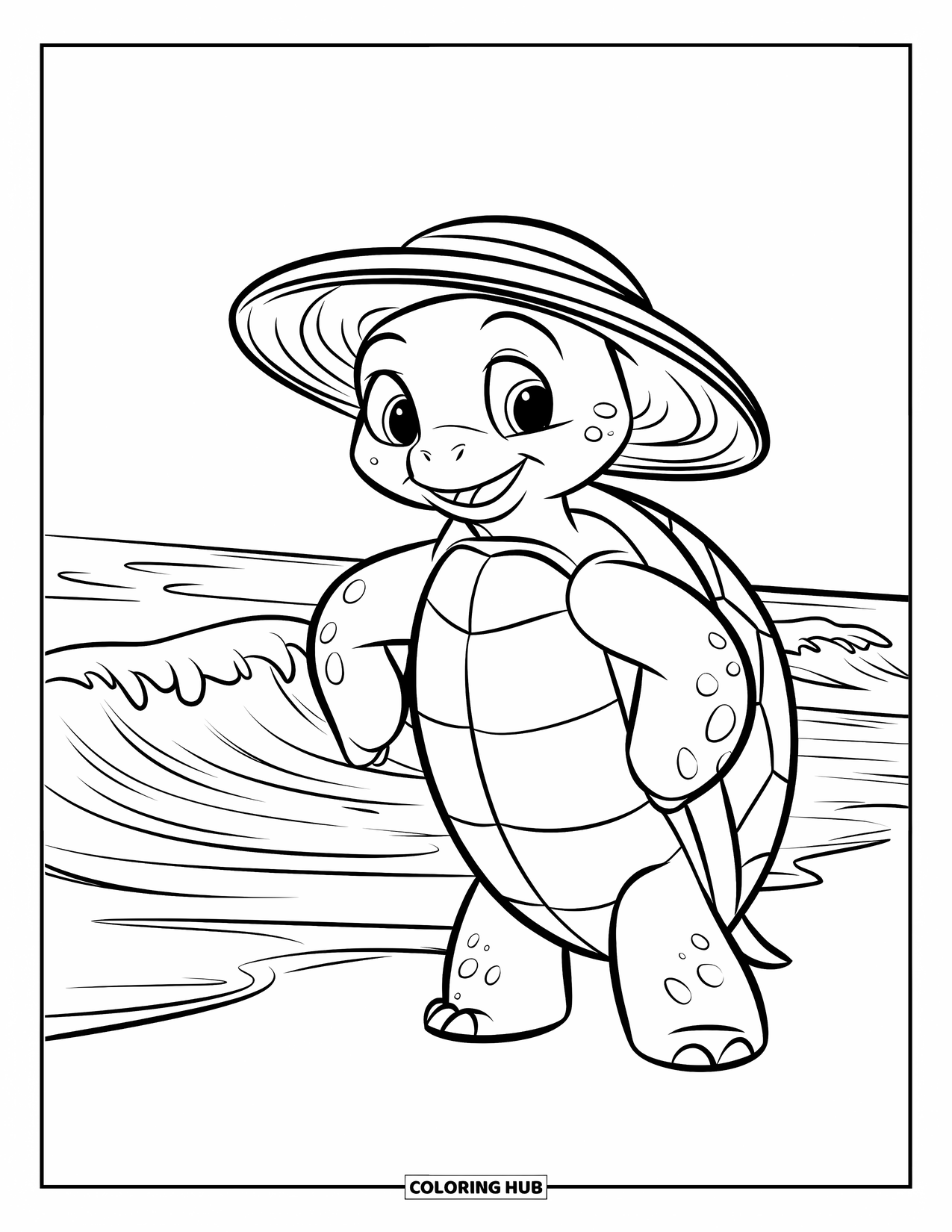 Kolorowanka z żółwiem dla dzieci: Żółw w słomkowym kapeluszu uśmiecha się, obserwując fale