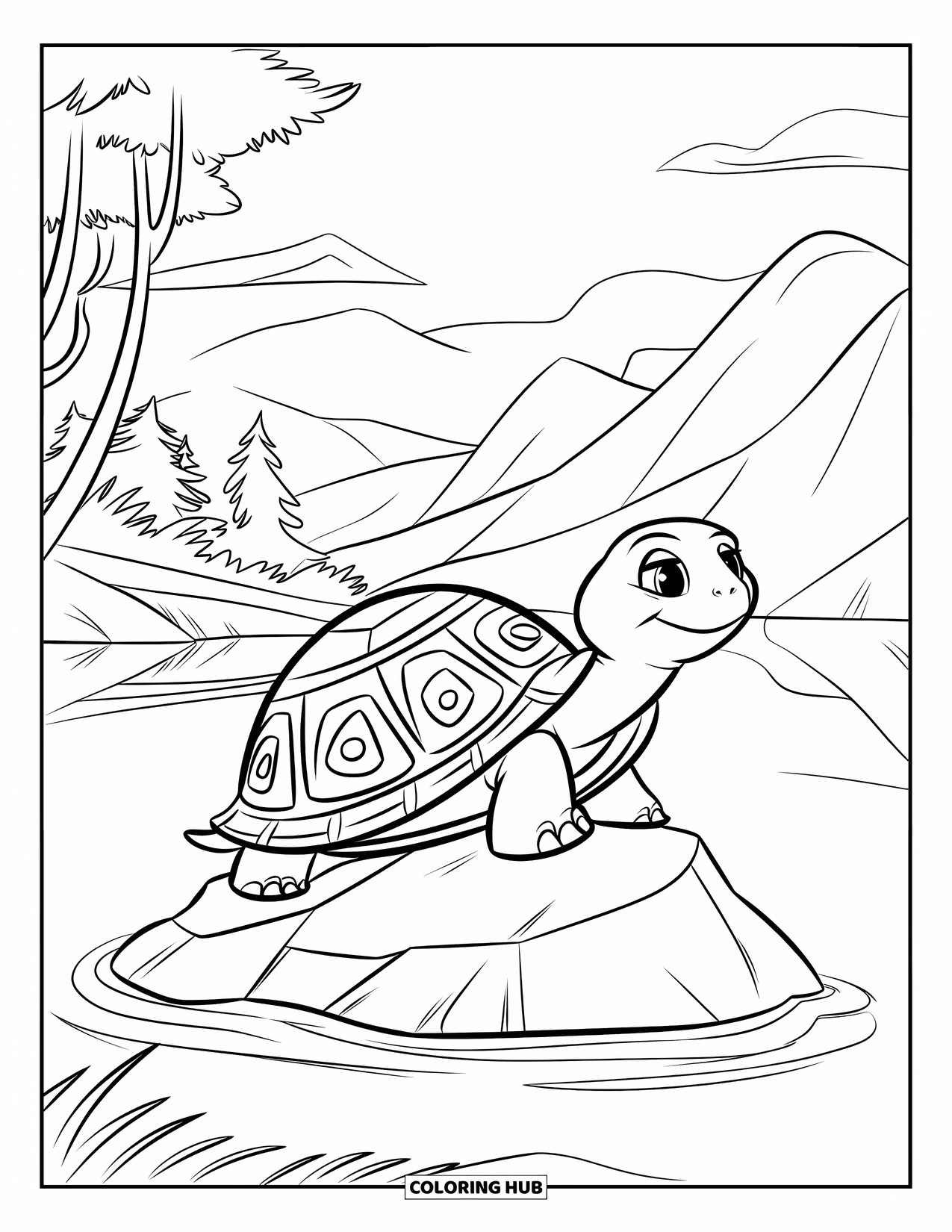 Kolorowanka z żółwiem dla dzieci: Żółw ze starożytną skorupą pokrytą spiralami odpoczywa na skale w spokojnym jeziorze