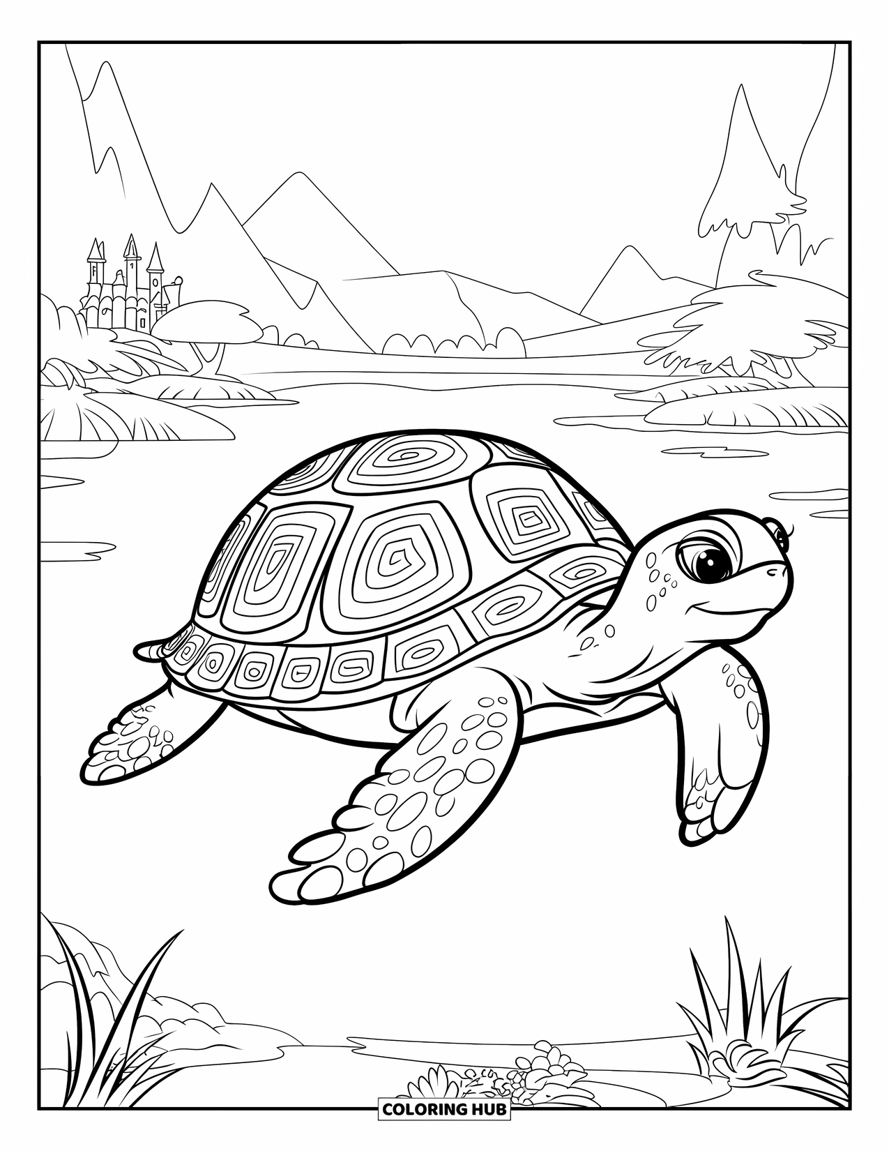 Kolorowanka z żółwiem dla dzieci: Żółw ze skomplikowanymi spiralami na skorupie obserwuje zachodzące słońce nad spokojnymi wodami