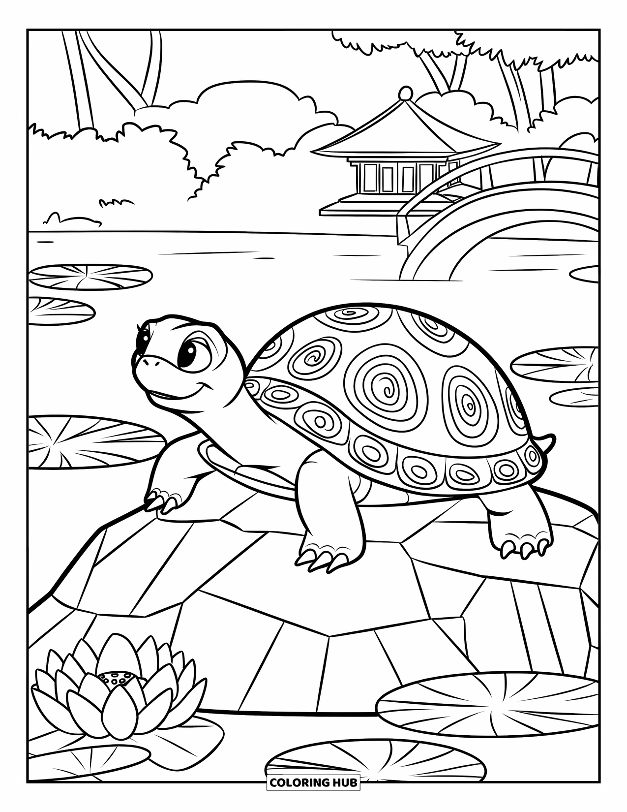 Kolorowanka z żółwiem dla dzieci: Żółw ze wzorami na skorupie w kształcie wirów siedzi obok spokojnego jeziora, otoczony odległymi górami