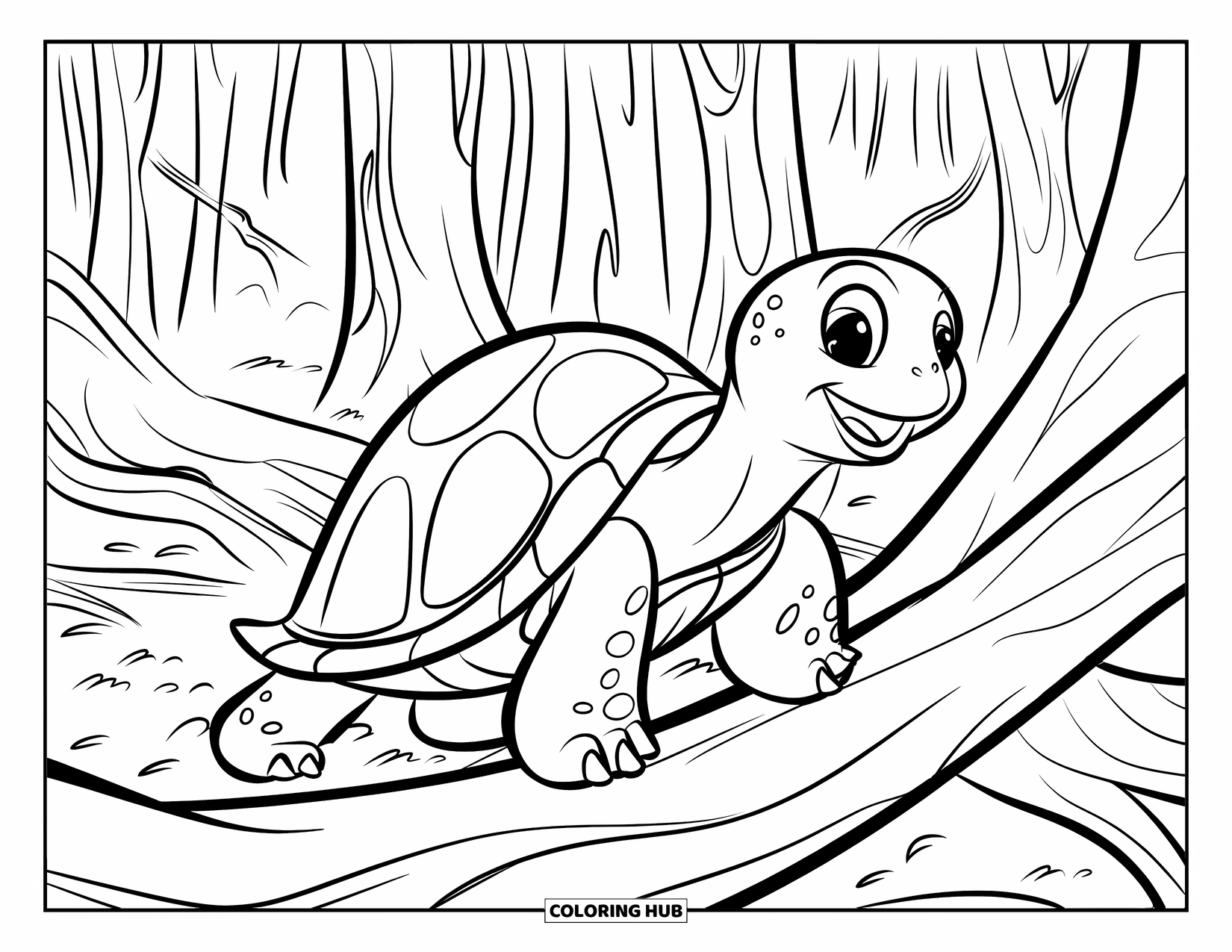Kolorowanka z żółwiem dla dzieci: Wędrujący żółw porusza się po leśnym szlaku, otoczony wysokimi drzewami i liśćmi