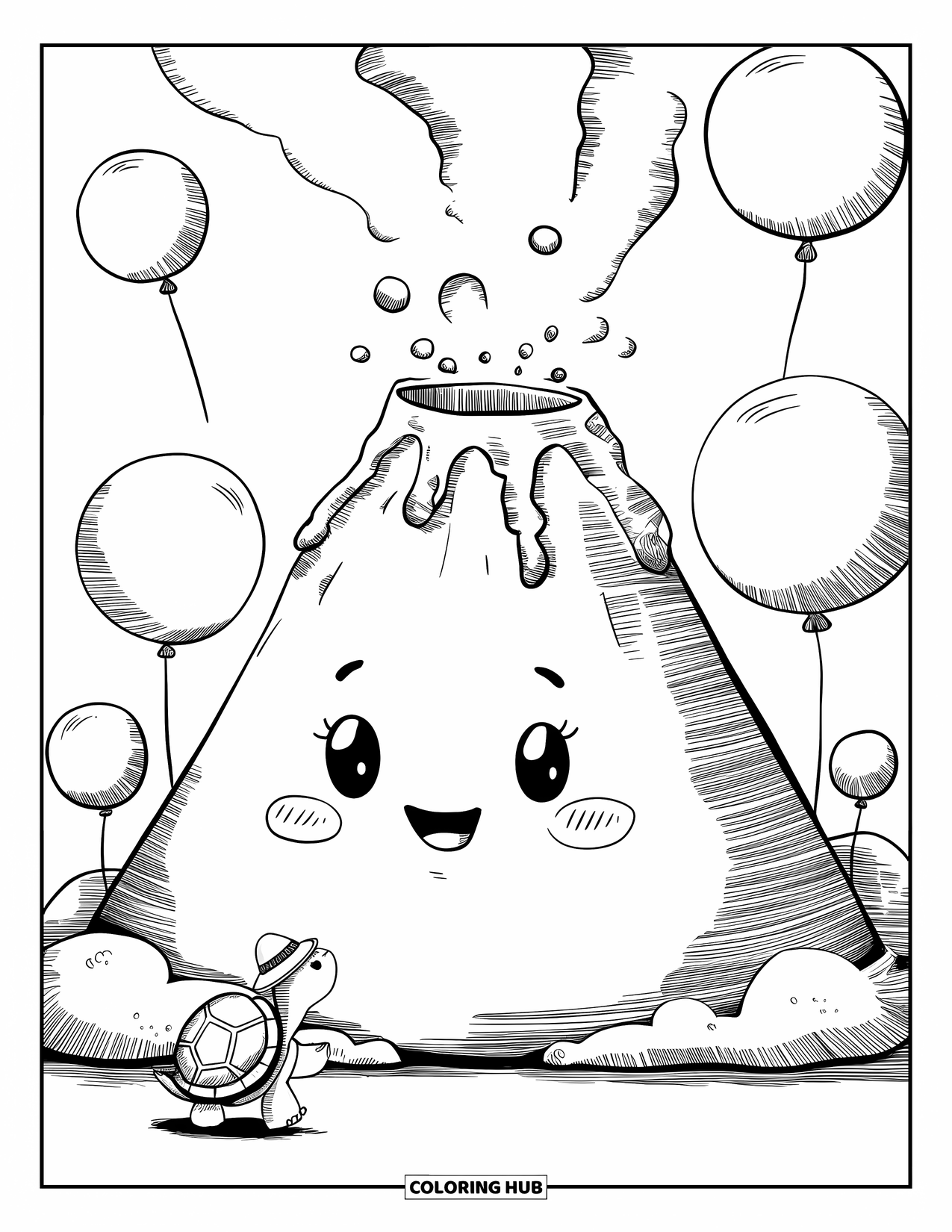 Desenho de vulcão para colorir para adultos: Um vulcão corado libera bolhas de lava suaves enquanto balões flutuantes derivam no ar