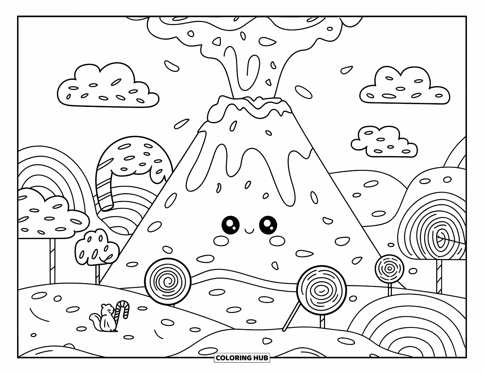 Desenho de vulcão para colorir para adultos: Um vulcão com tema de doces borbulha com açúcar derretido, cercado por árvores de pirulito e nuvens de marshmallow