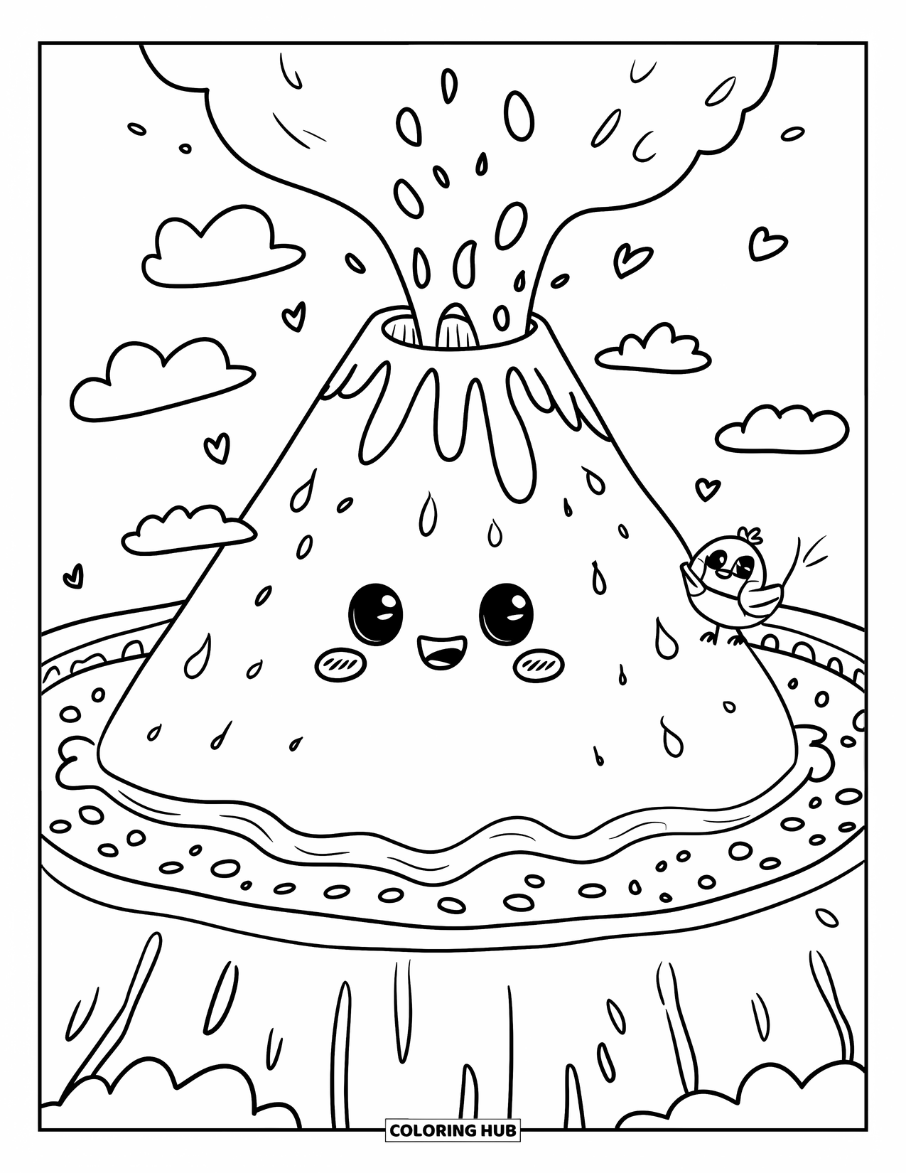 Desenho de vulcão para colorir para adultos: Um vulcão gordinho com lava borbulhante e pequenas bochechas coradas tem um pássaro empoleirado em sua cratera