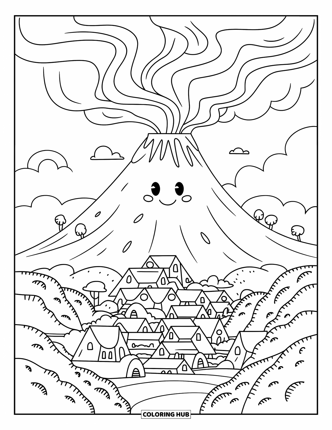 Desenho de vulcão para colorir para adultos: Um vulcão fofo com um rosto alegre solta fumaça enquanto pequenas casas se aninham em sua base