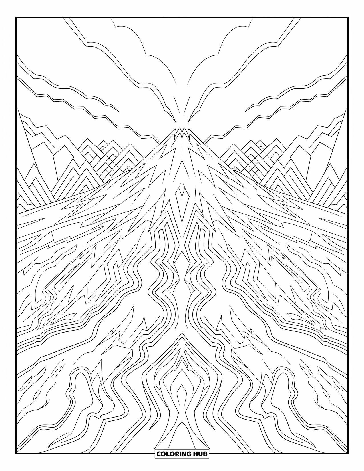 Desenho de vulcão para colorir para adultos: Um padrão de vulcão detalhado apresenta vários picos, fluxos de lava e formações rochosas intrincadas