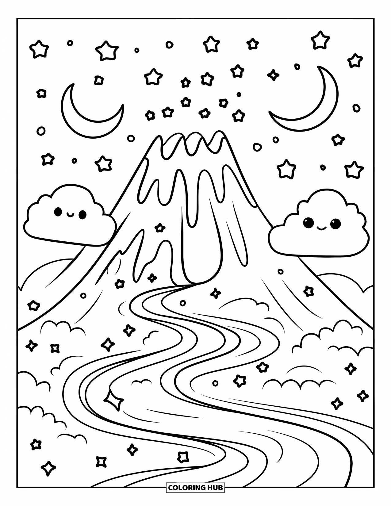 Desenho de vulcão para colorir para adultos: Um vulcão sonhador com fluxos de lava curvilíneos repousa sob luas crescentes e estrelas cintilantes
