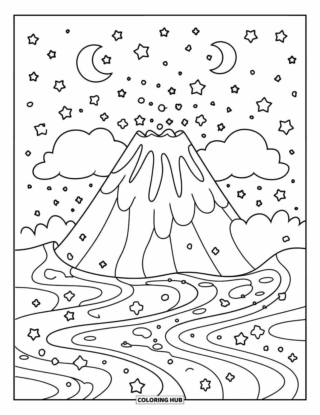Desenho de vulcão para colorir para adultos: Um vulcão brilhante fica sob um céu cintilante, vigiado por duas nuvens gordinhas
