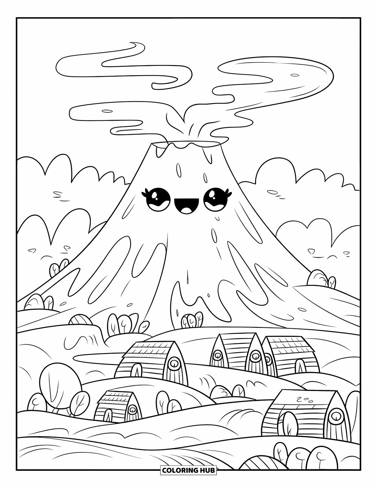 Desenho de vulcão para colorir para adultos: Um vulcão feliz com fumaça rodopiante observa uma vila aconchegante com pequenas árvores e arbustos
