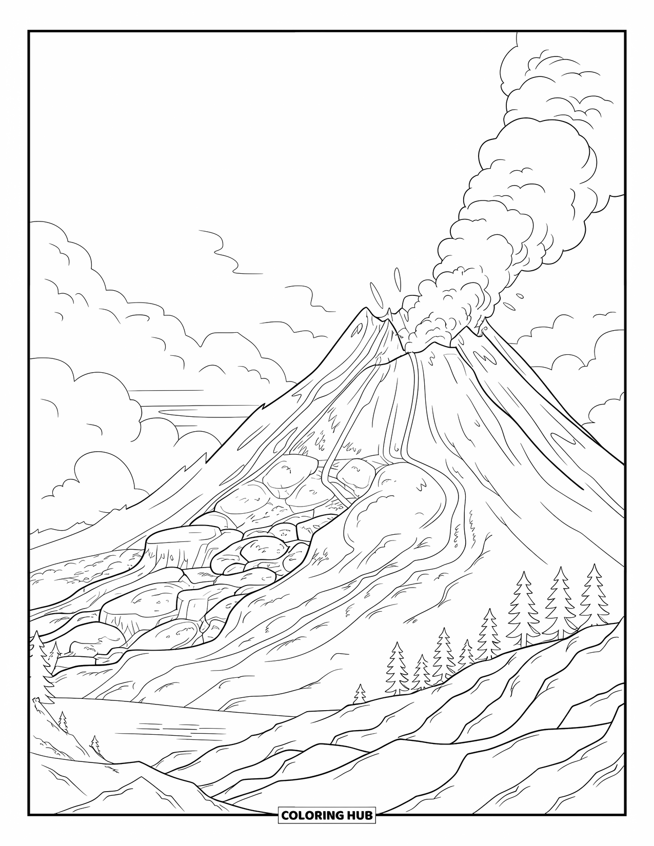 Desenho de vulcão para colorir para adultos: Um vulcão altamente detalhado entra em erupção em uma paisagem rochosa, com fumaça ondulando sob um céu nublado