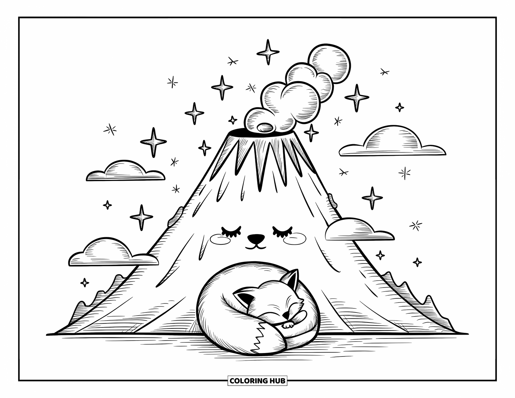 Desenho de vulcão para colorir para adultos: Um vulcão em estilo kawaii cochila sob um céu estrelado enquanto uma pequena raposa cochila em sua base