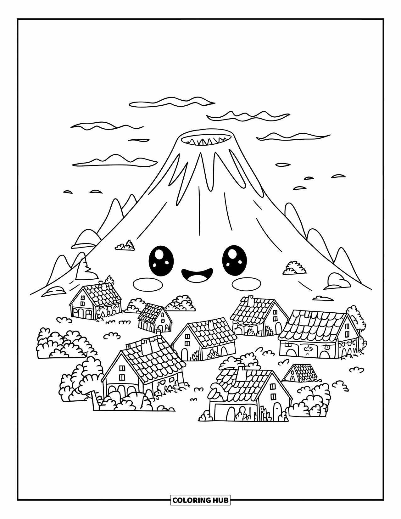Desenho de vulcão para colorir para adultos: Um vulcão kawaii com uma pequena vila em sua base, cercado por árvores e nuvens fofas
