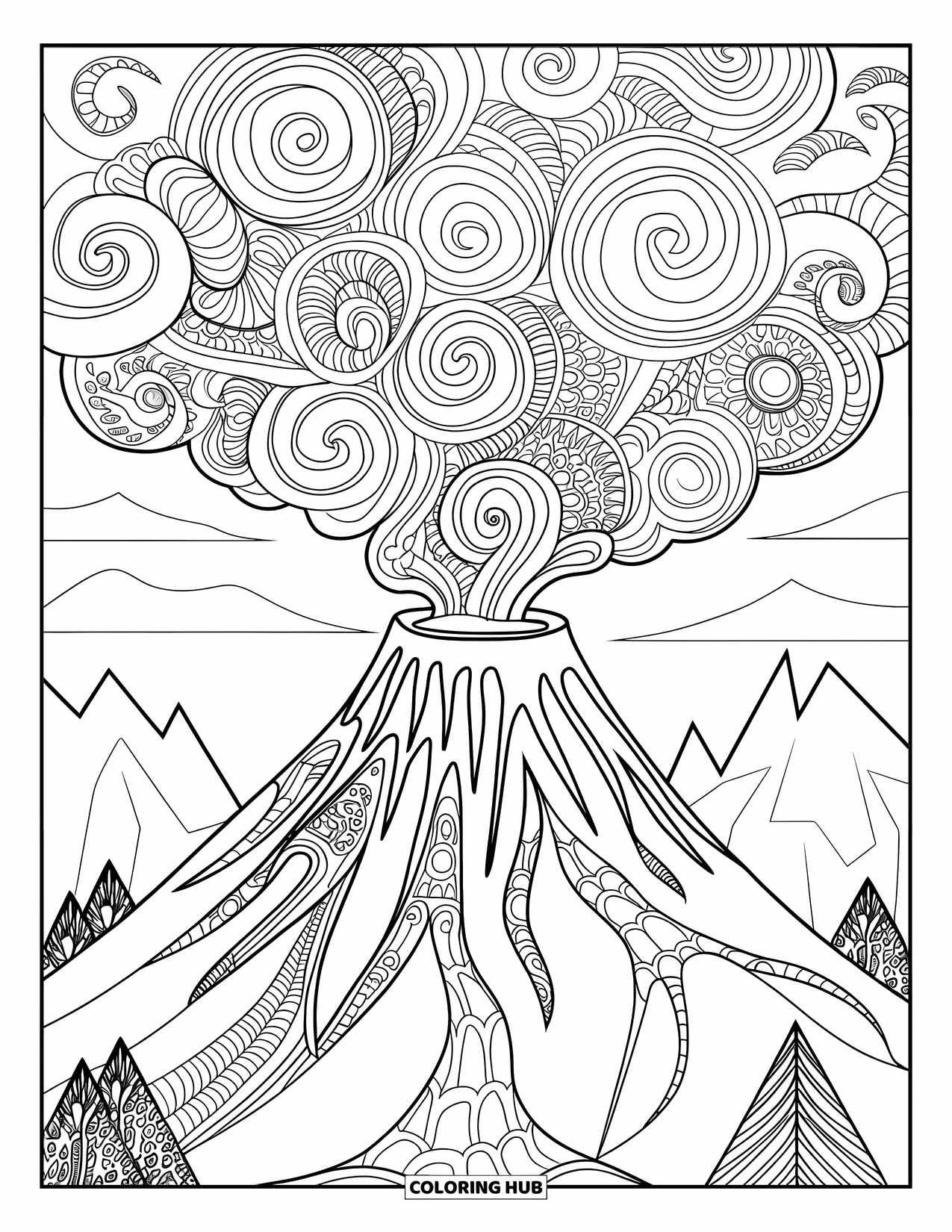 Desenho de vulcão para colorir para adultos: Um vulcão em estilo mandala com padrões de lava e fumaça rodopiantes cria um design hipnotizante