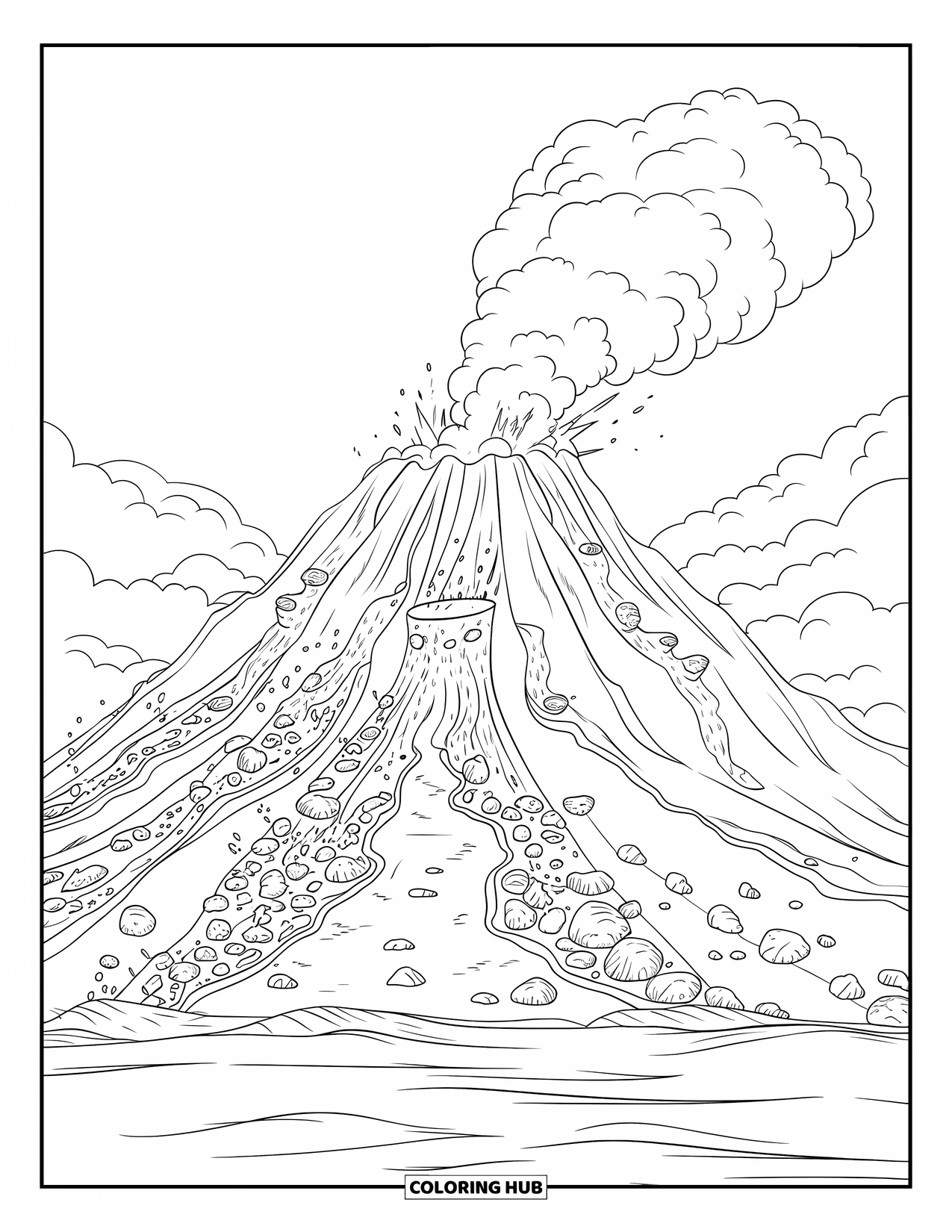 Desenho de vulcão para colorir para adultos: Um vulcão poderoso entra em erupção, lançando fumaça e rochas para o céu enquanto a lava flui para a água