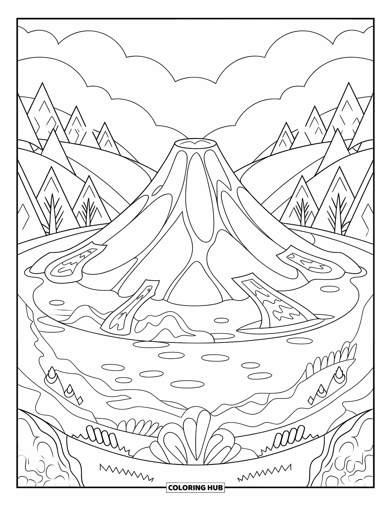 Desenho de vulcão para colorir para adultos: Um vulcão arredondado com fluxos de lava suaves fica ao lado de um lago sereno e colinas