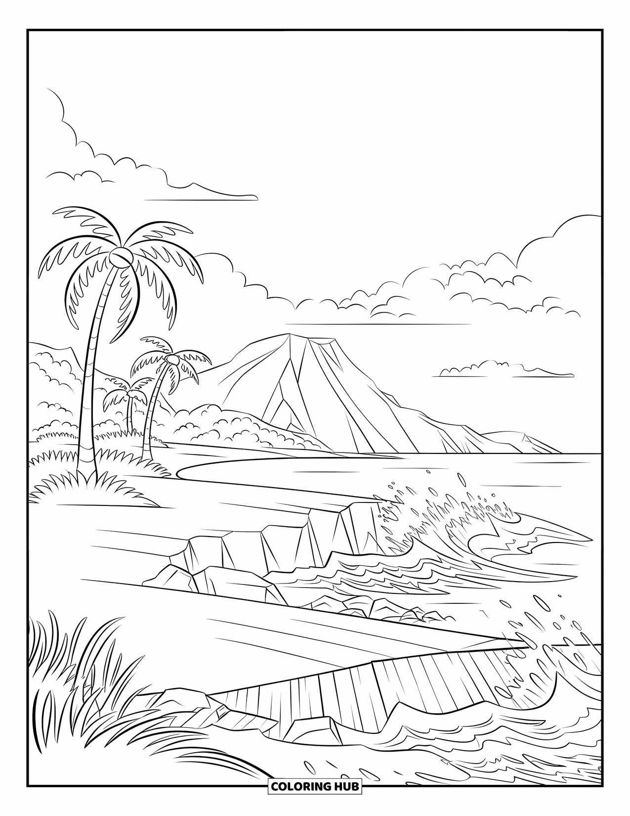 Desenho de vulcão para colorir para adultos: Uma paisagem serena de ilha vulcânica apresenta uma costa rochosa, um cais de madeira e ondas suaves