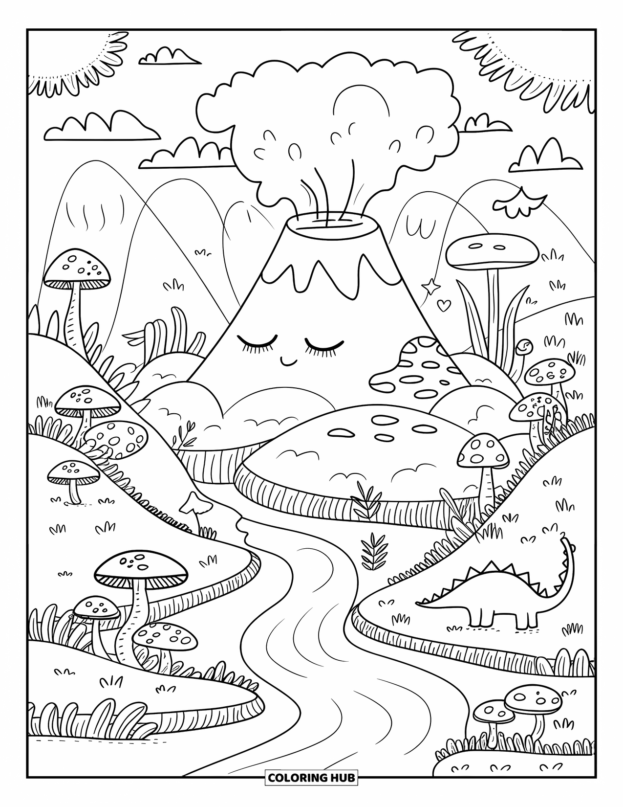 Desenho de vulcão para colorir para adultos: Um vulcão sonolento com um rio suave e colinas relaxa enquanto um bebê dinossauro cochila