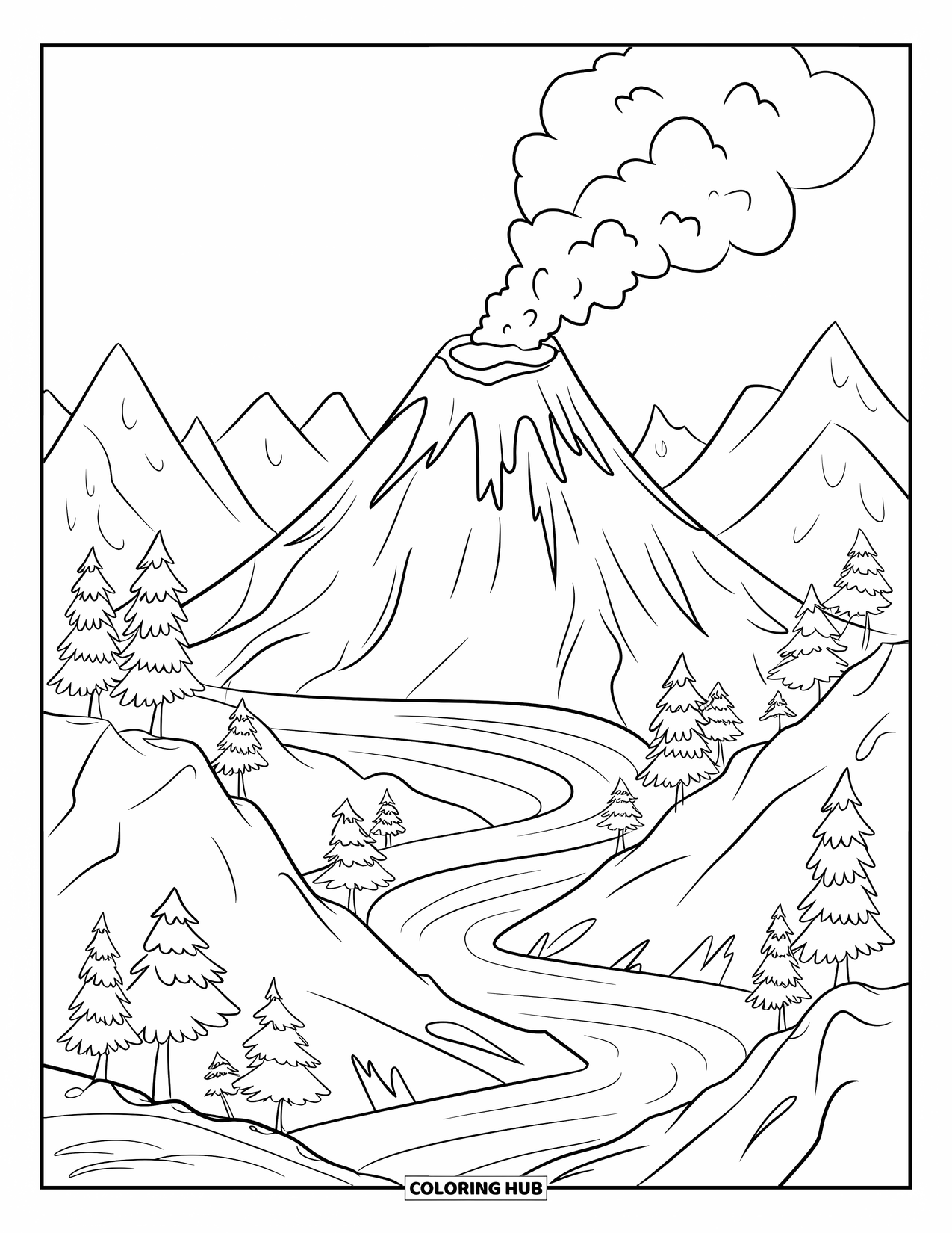Desenho de vulcão para colorir para adultos: Um vulcão fumegante se ergue em uma paisagem montanhosa, cercado por rios sinuosos e árvores