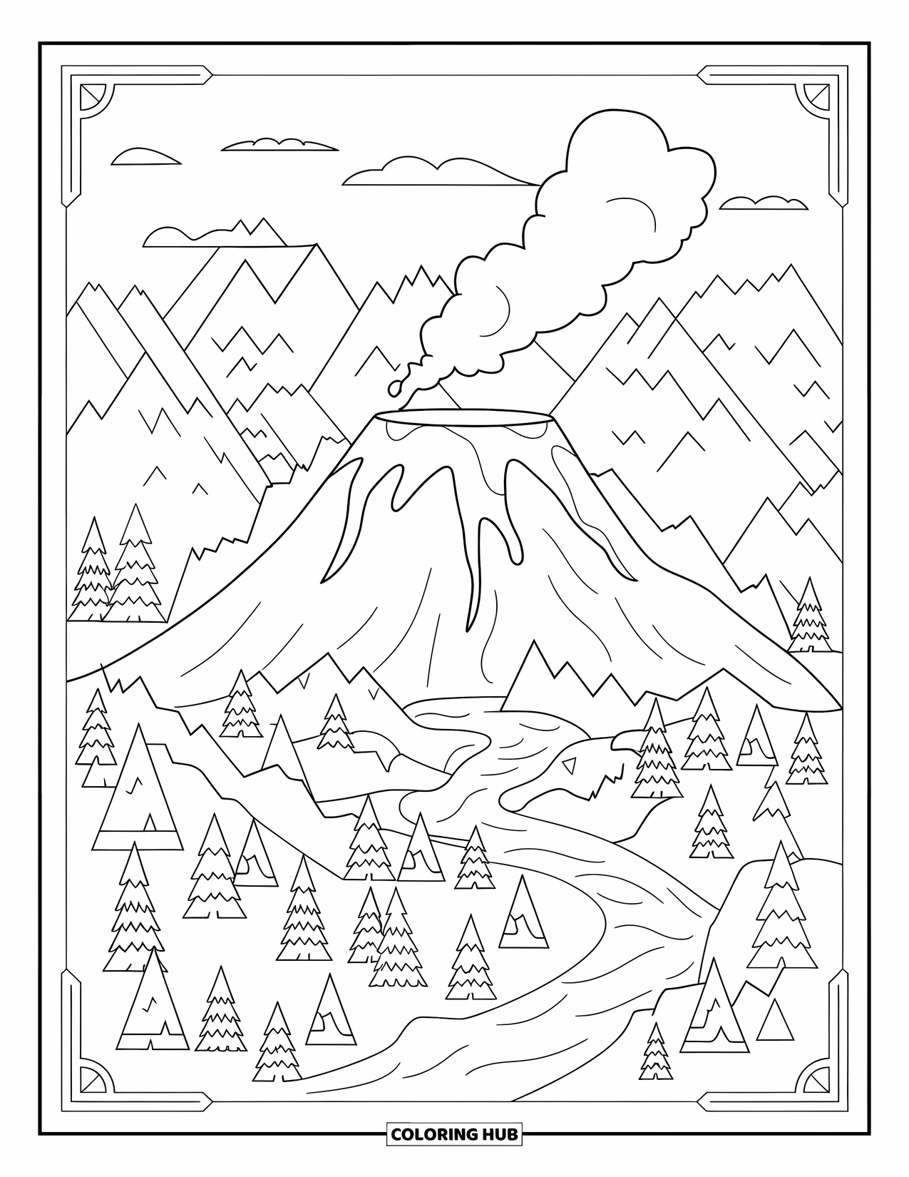 Desenho de vulcão para colorir para adultos: Um vulcão fumegante com uma cratera profunda fica entre montanhas, rios e paisagens exuberantes de floresta