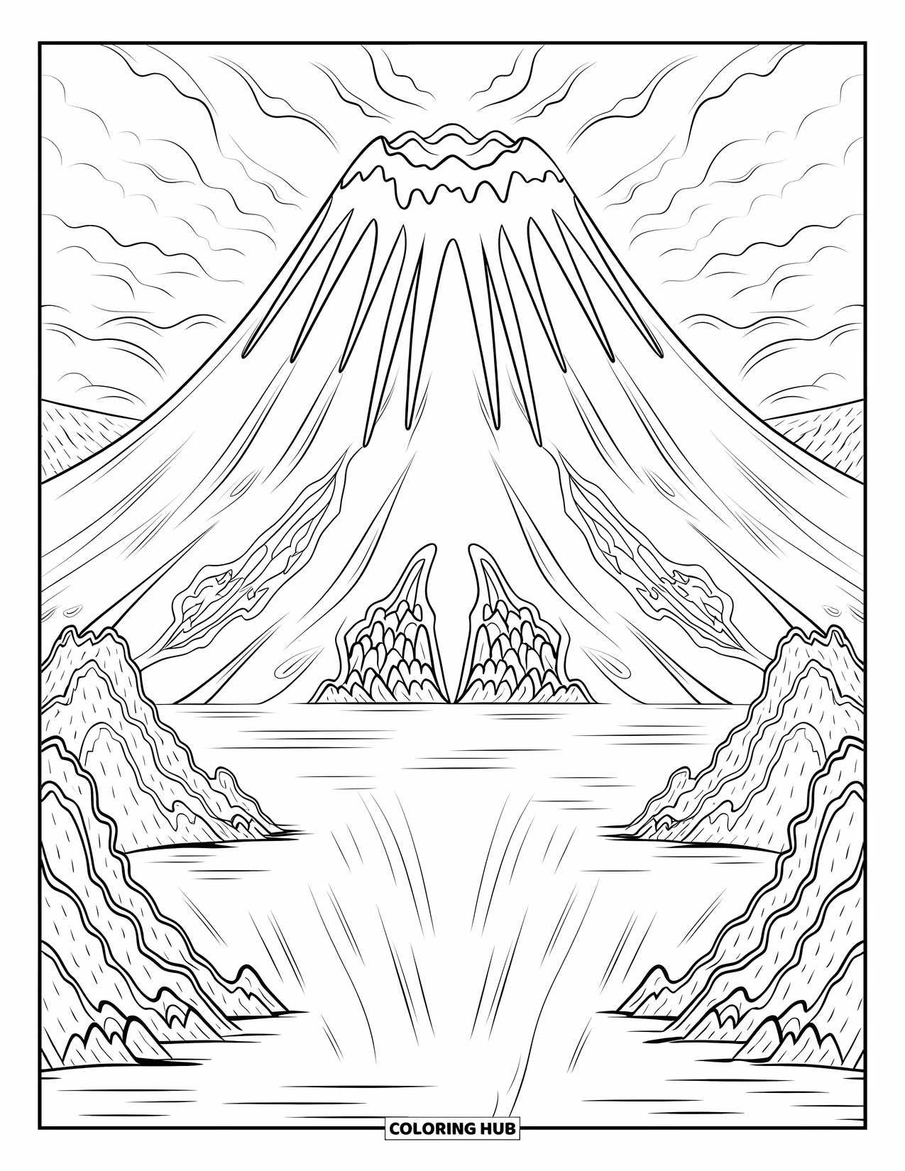 Desenho de vulcão para colorir para adultos: Um vulcão liso e simétrico com fluxos de lava se reflete em um lago calmo, cercado por terreno rochoso