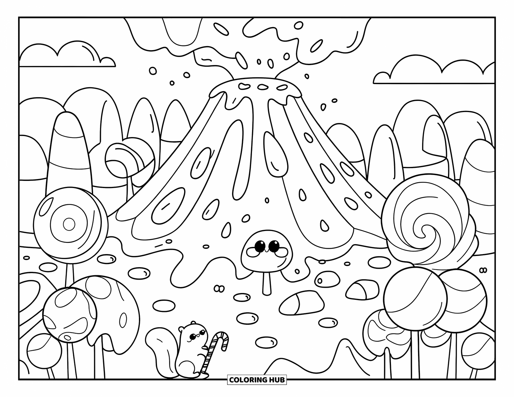 Desenho de vulcão para colorir para adultos: Um vulcão açucarado entra em erupção com doces derretidos, aninhado entre pirulitos e nuvens fofas