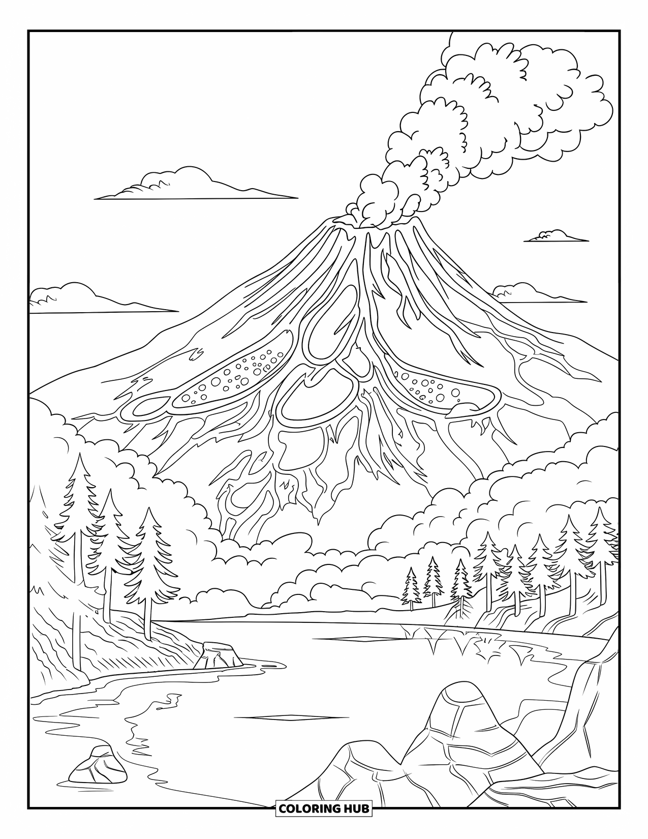 Desenho de vulcão para colorir para adultos: Uma erupção vulcânica envia lava pelas encostas rochosas, refletindo em um lago sereno próximo