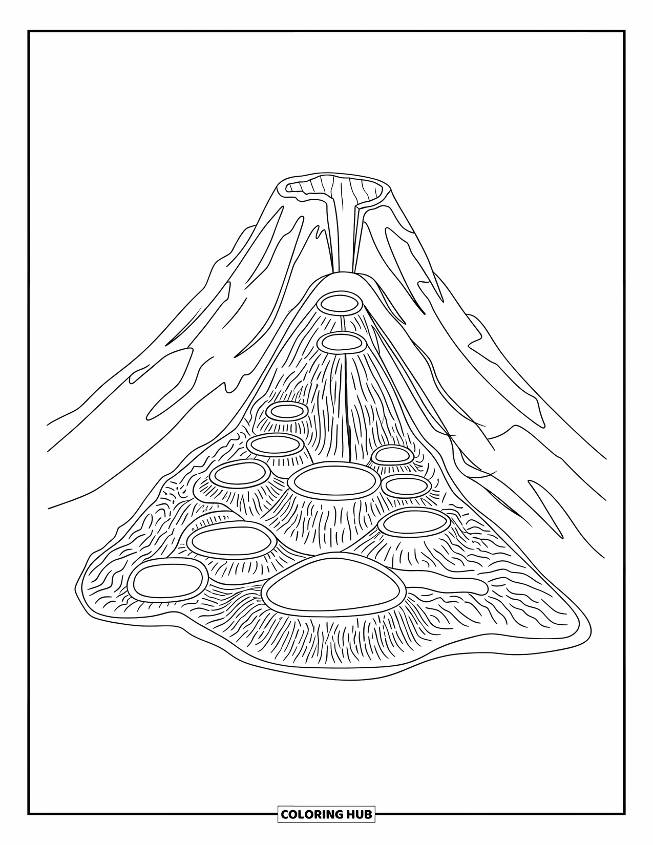 Desenho de vulcão para colorir para adultos: Uma seção transversal do vulcão mostra câmaras de magma, rachaduras e camadas de rocha nas profundezas da superfície