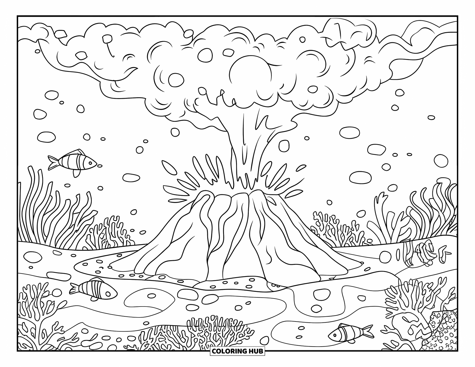 Desenho de vulcão para colorir para adultos: Um vulcão subaquático entra em erupção, cercado por recifes de coral, bolhas e peixes nadando