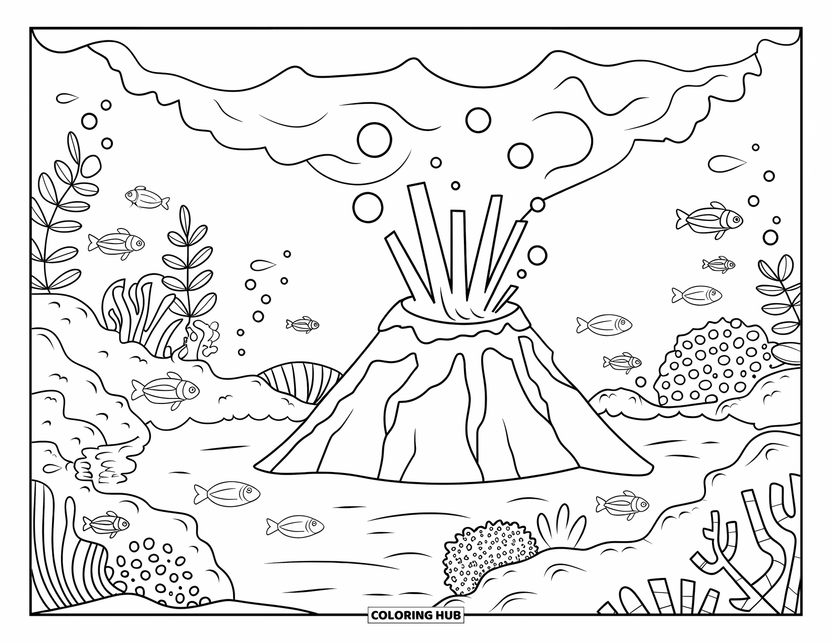 Desenho de vulcão para colorir para adultos: A lava sobe de um vulcão subaquático enquanto bolhas flutuam por um vibrante recife de coral