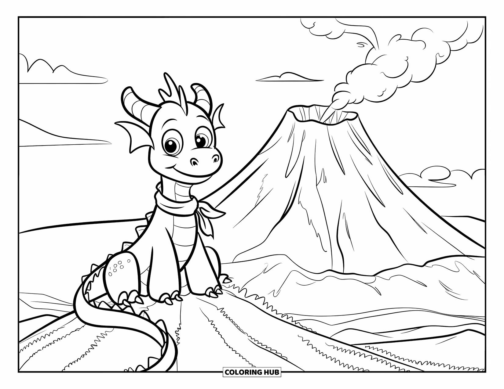 Desenho de vulcão para colorir para crianças: Um dragão alegre com um cachecol está empoleirado no topo de um vulcão, observando a fumaça suave que sobe