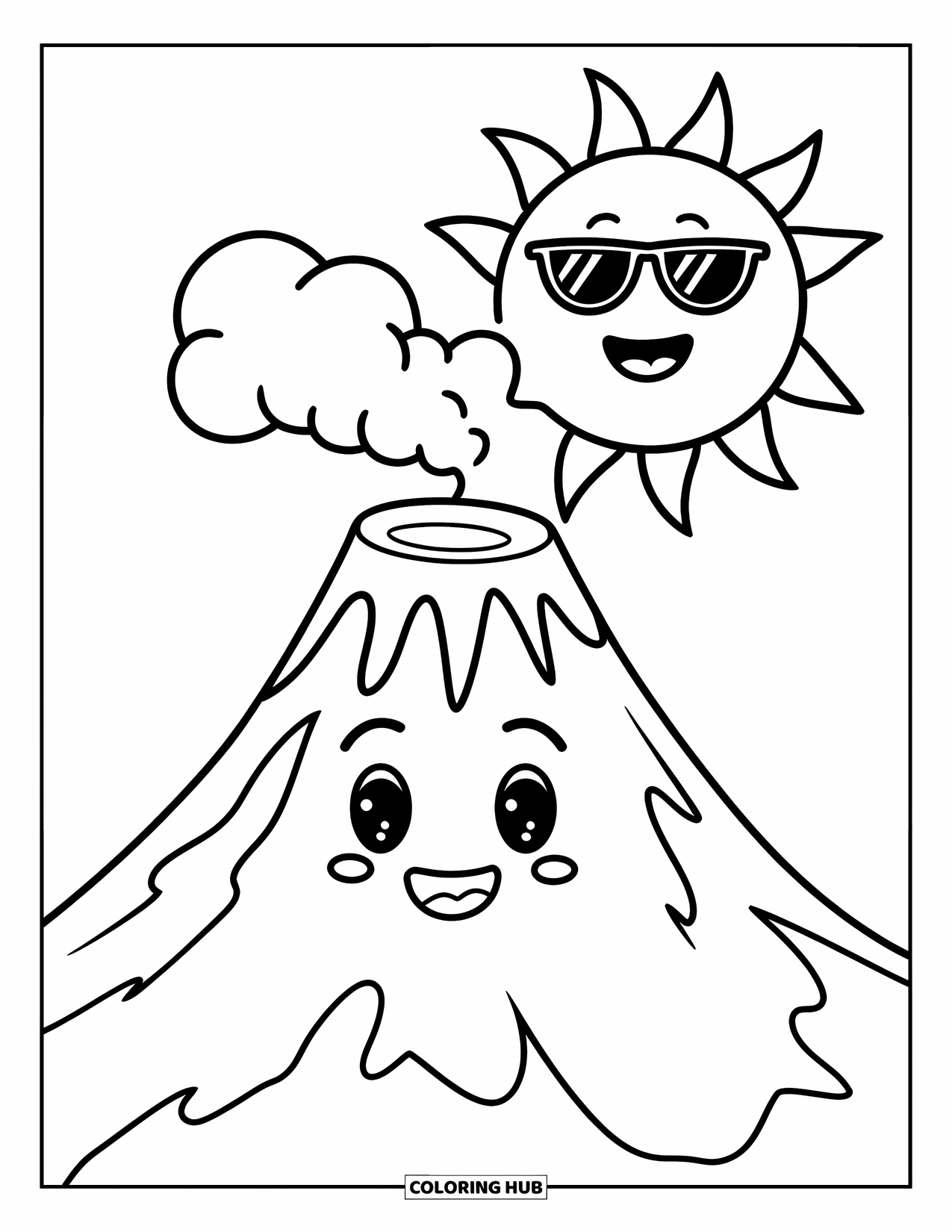 Desenho de vulcão para colorir para crianças: Um vulcão alegre com um rosto feliz solta fumaça enquanto um sol com óculos de sol brilha