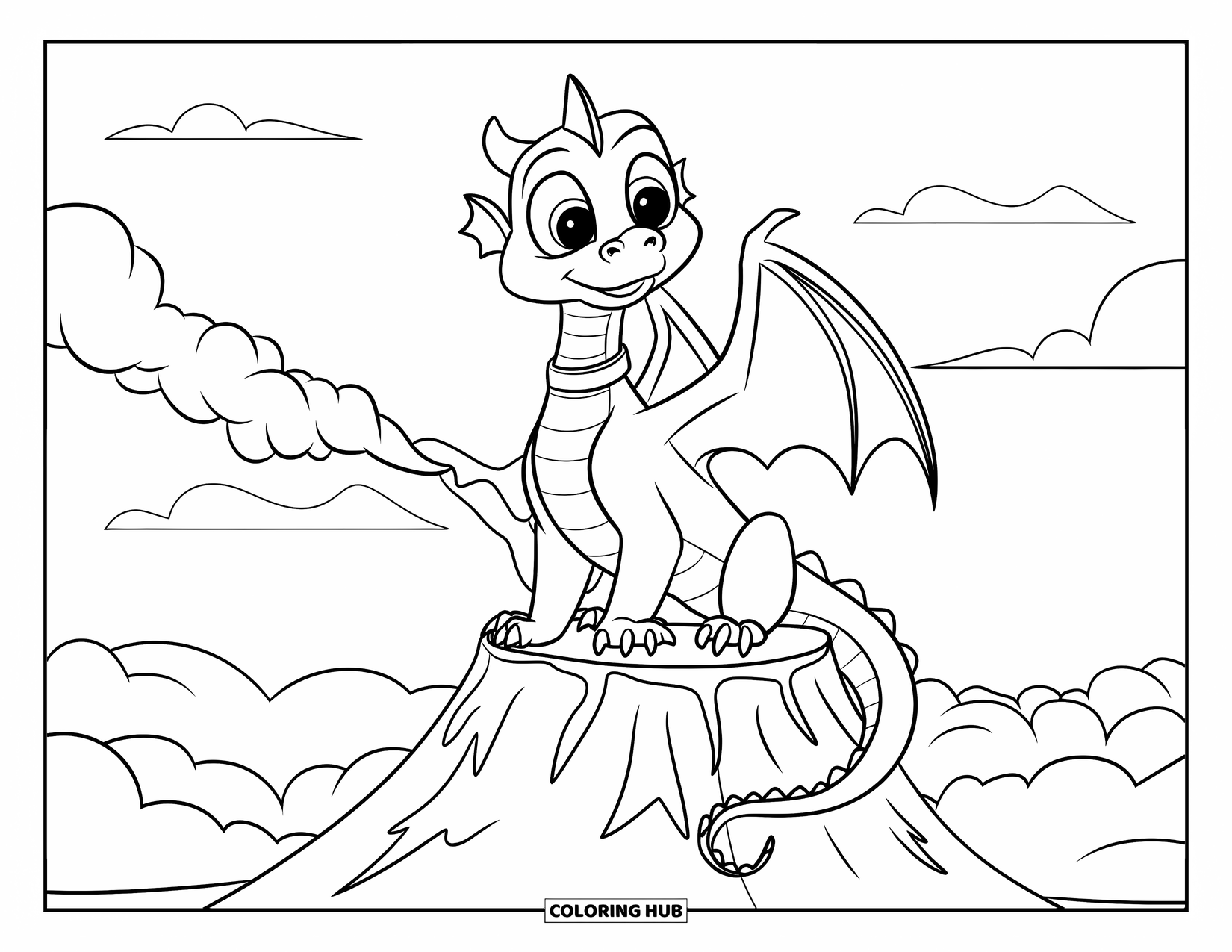 Desenho de vulcão para colorir para crianças: Um dragão fofo com olhos grandes está sentado em um vulcão tranquilo, aproveitando o ar quente ao seu redor