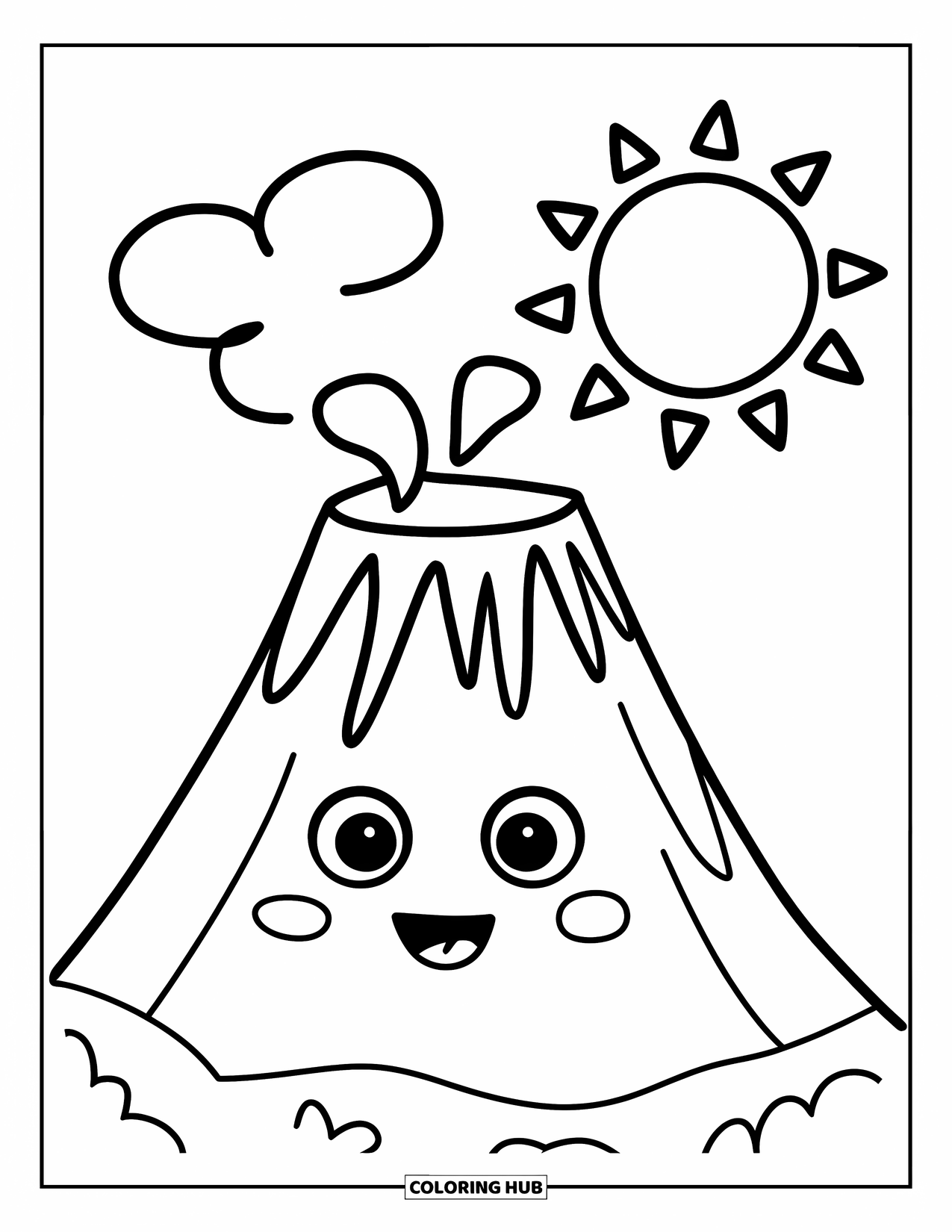 Desenho de vulcão para colorir para crianças: Um vulcão fofo solta uma pequena nuvem de fumaça enquanto um sol amigável brilha acima