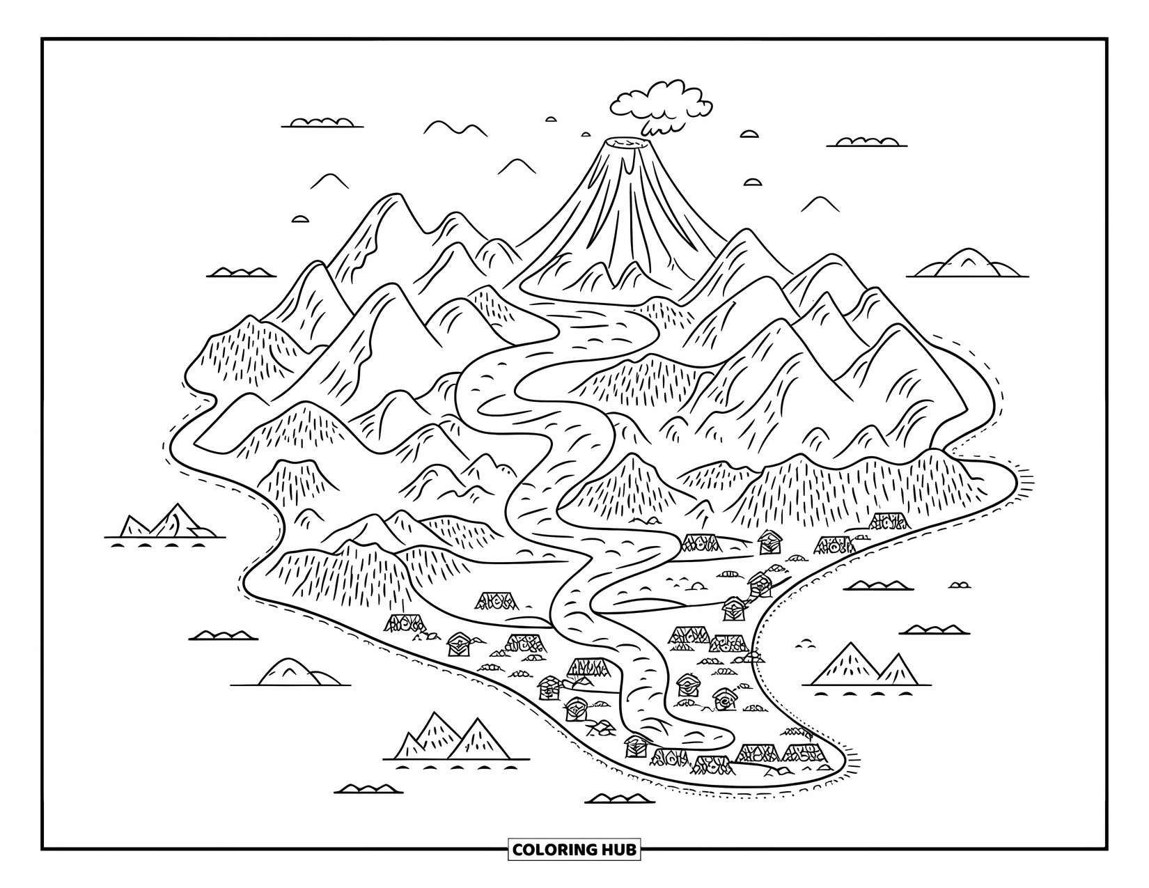 Desenho de vulcão para colorir para crianças: Um mapa detalhado da ilha mostra um vulcão central, rios sinuosos e pequenas cabanas ao longo da costa