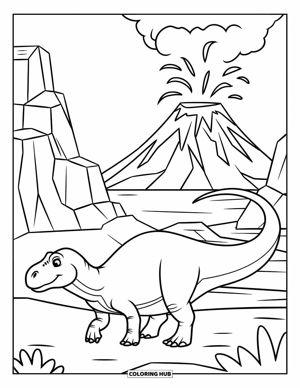 Desenho de vulcão para colorir para crianças: Um dinossauro vagueia por uma paisagem vulcânica enquanto fluxos de lava e nuvens de cinza enchem o céu