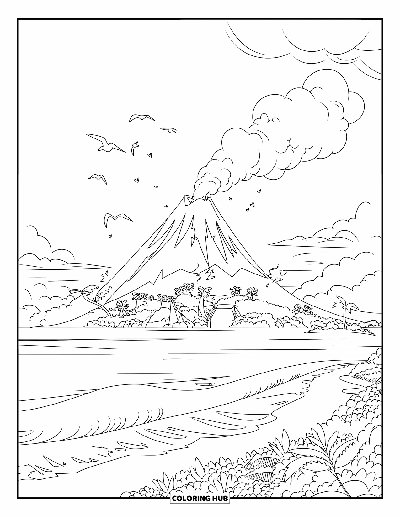 Desenho de vulcão para colorir para crianças: Um vulcão distante solta fumaça sobre uma vegetação exuberante enquanto pássaros voam sobre uma ilha tropical calma