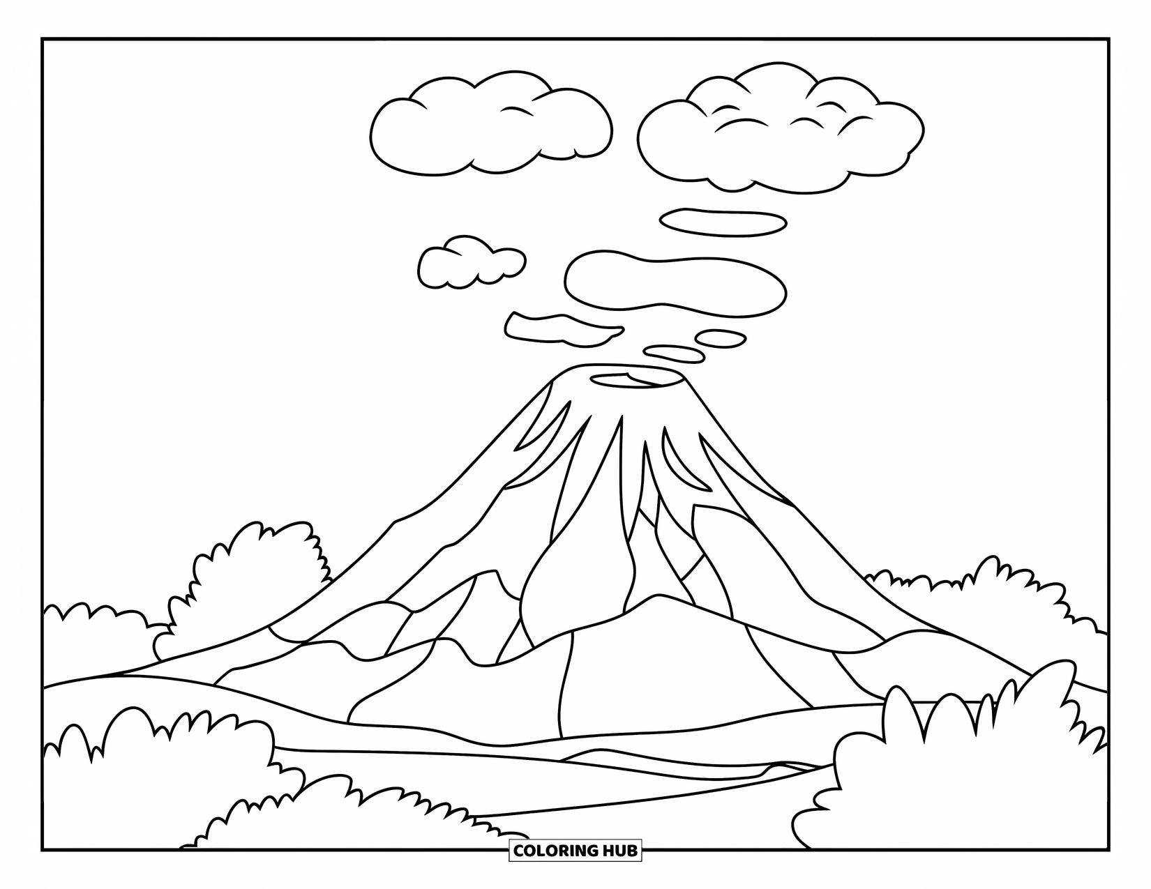 Desenho de vulcão para colorir para crianças: Um vulcão adormecido fica quieto, cercado por arbustos e colinas sob um céu claro