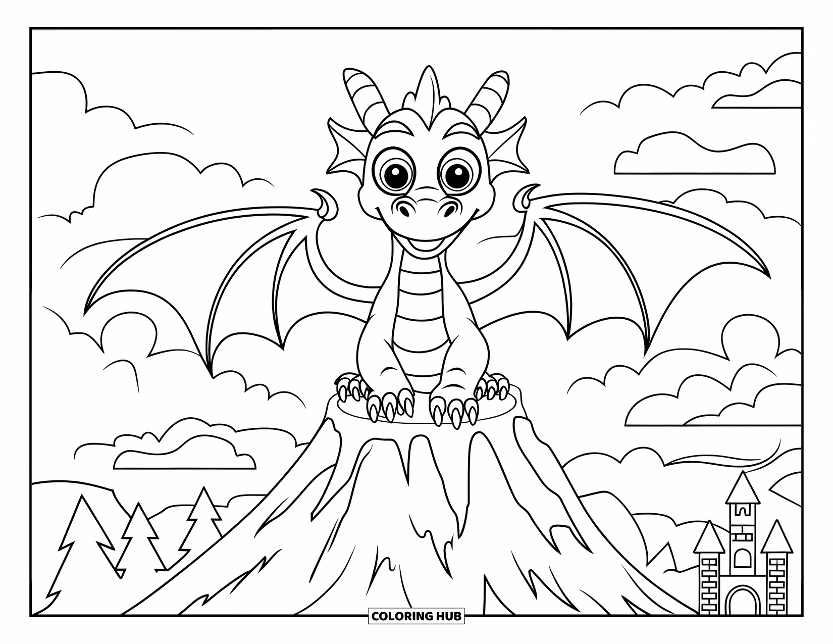 Desenho de vulcão para colorir para crianças: Um dragão amigável usando uma coroa está sentado em um vulcão adormecido, observando a fumaça subir da cratera