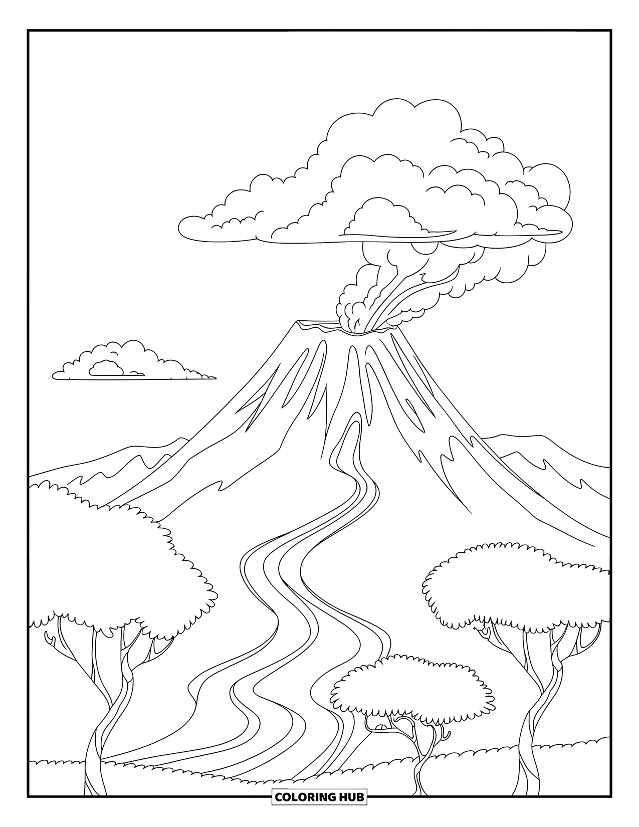Desenho de vulcão para colorir para crianças: Um vulcão amigável com lava fluindo repousa entre árvores finas e nuvens fofas