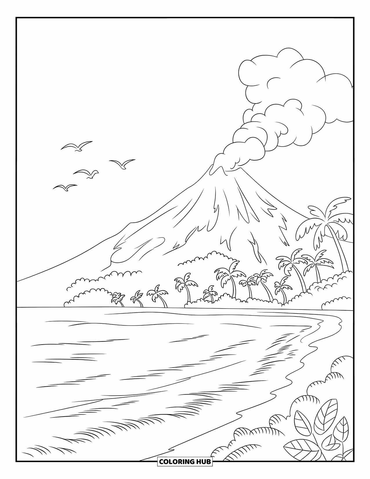 Desenho de vulcão para colorir para crianças: Um vulcão fumegante se eleva sobre uma ilha tropical, com ondas do oceano tocando a costa arenosa