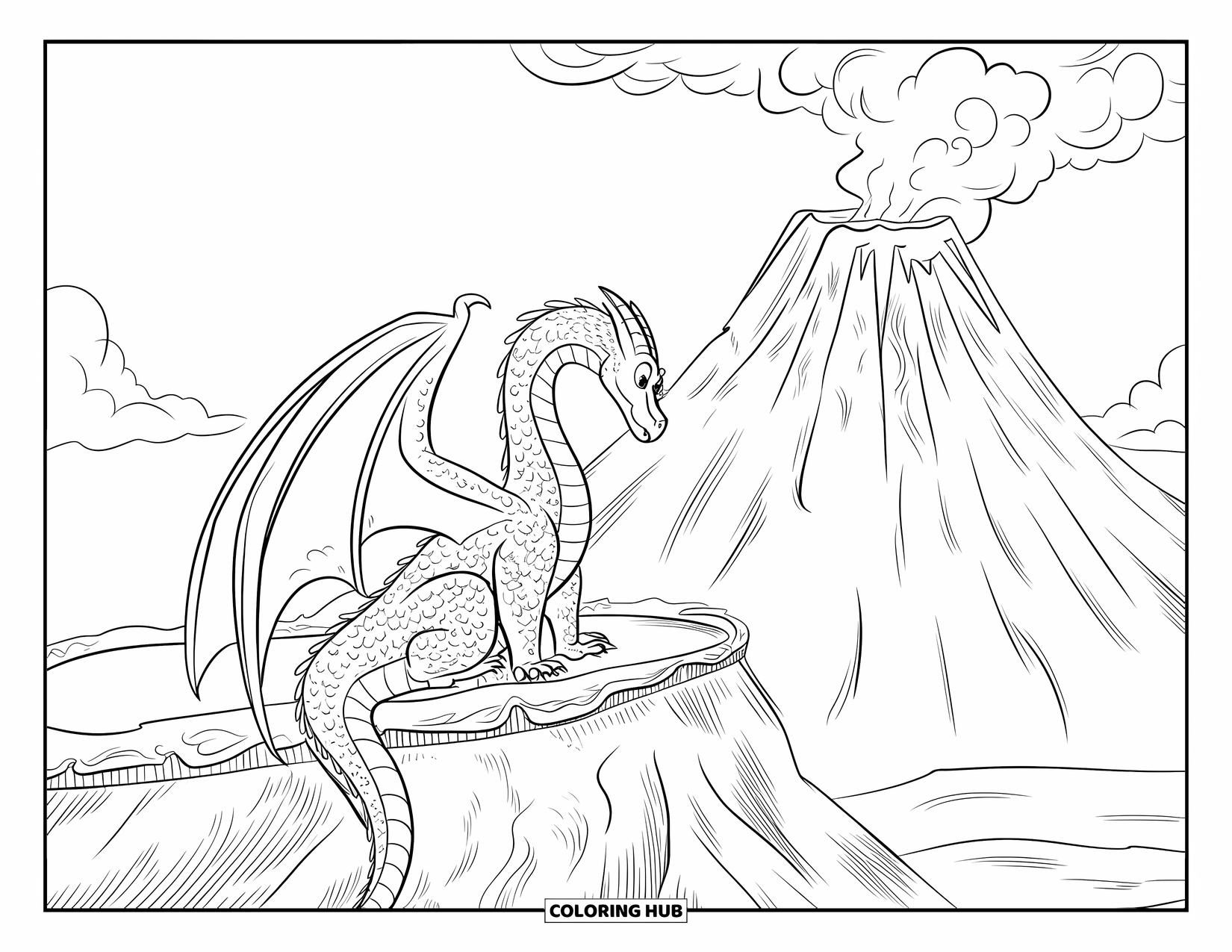 Desenho de vulcão para colorir para crianças: Um dragão gigante está empoleirado na borda de um vulcão, olhando para a lava borbulhante abaixo