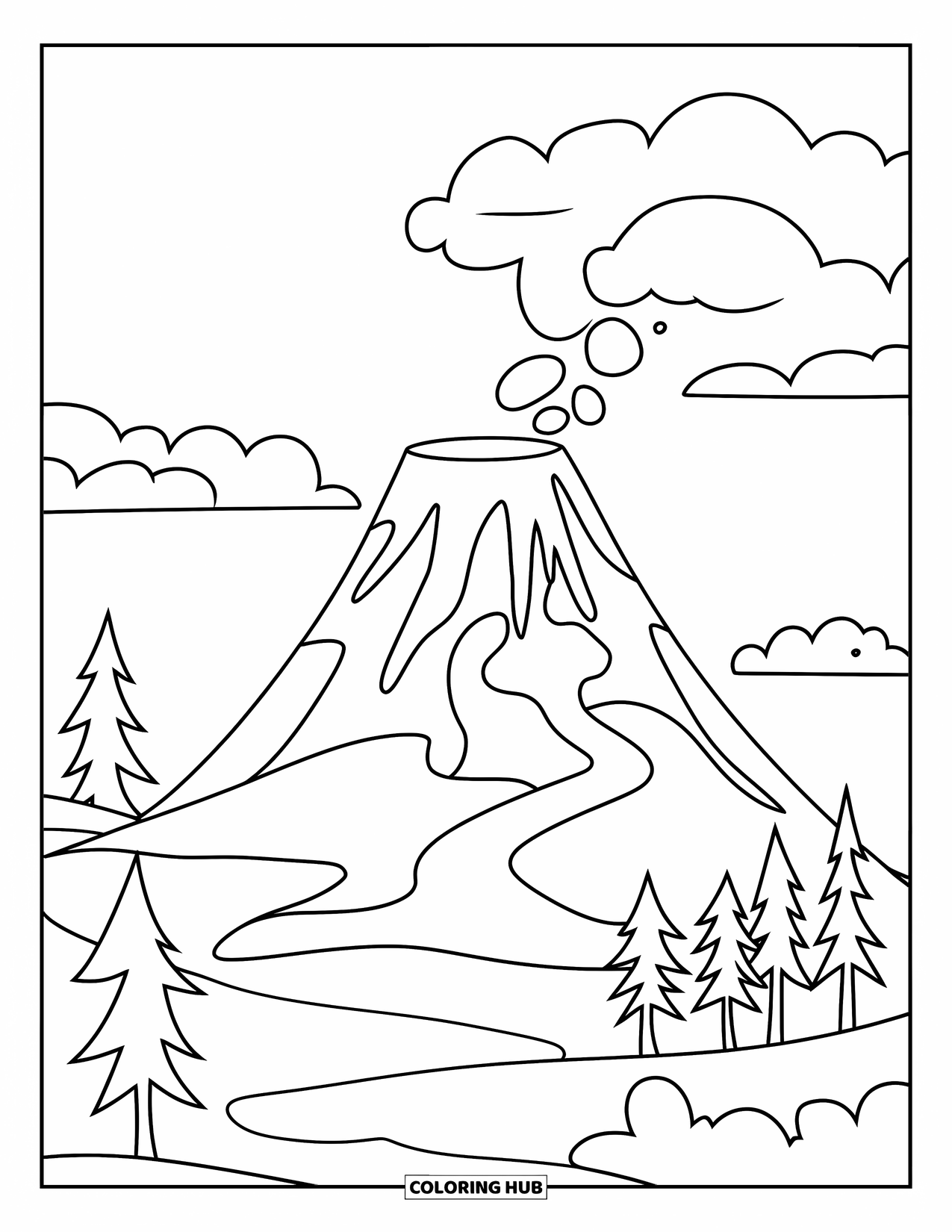 Desenho de vulcão para colorir para crianças: Um vulcão grande com um fluxo de lava suave é cercado por nuvens fofas e algumas árvores