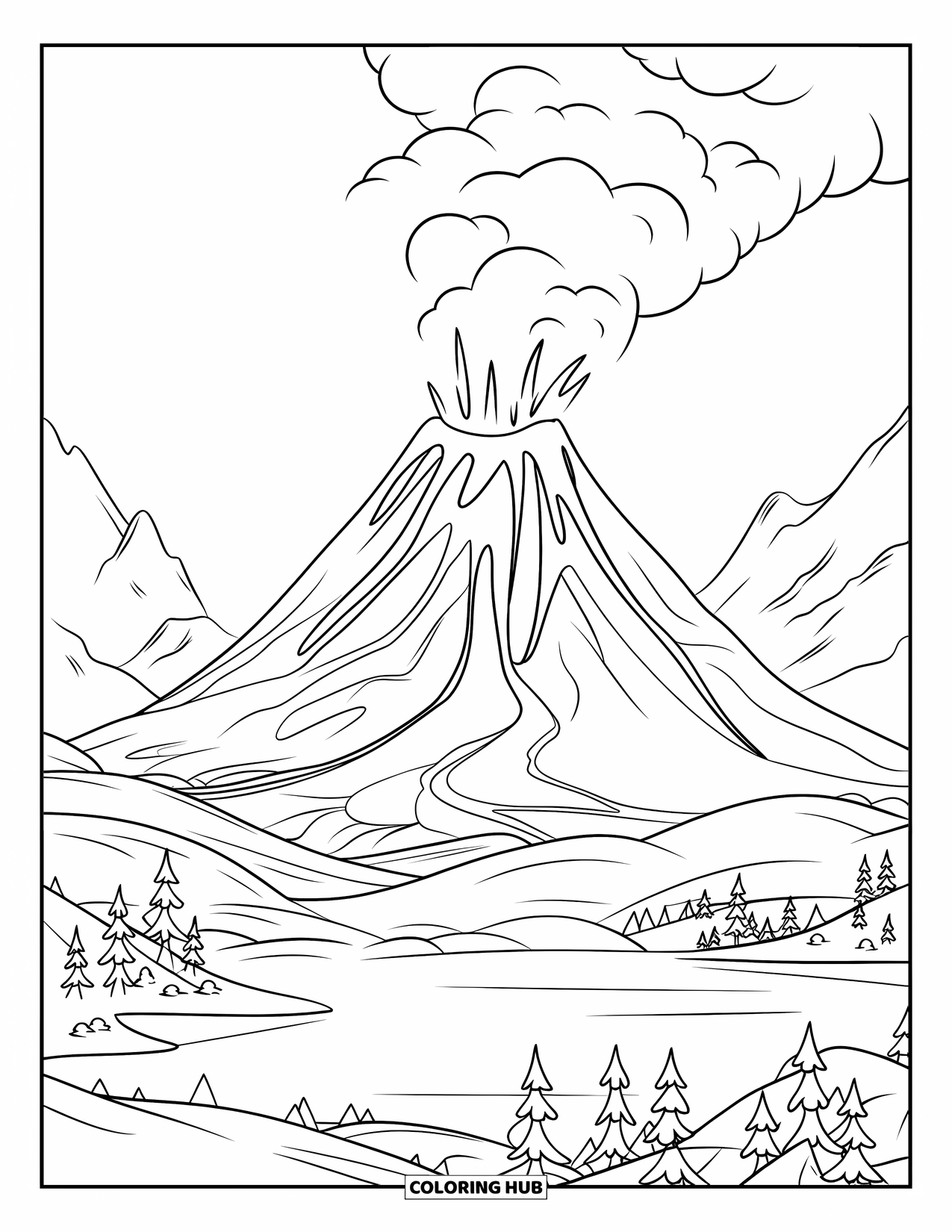 Desenho de vulcão para colorir para crianças: Um vulcão enorme entra em erupção dramaticamente, enviando lava e cinzas para o céu sobre uma paisagem tranquila
