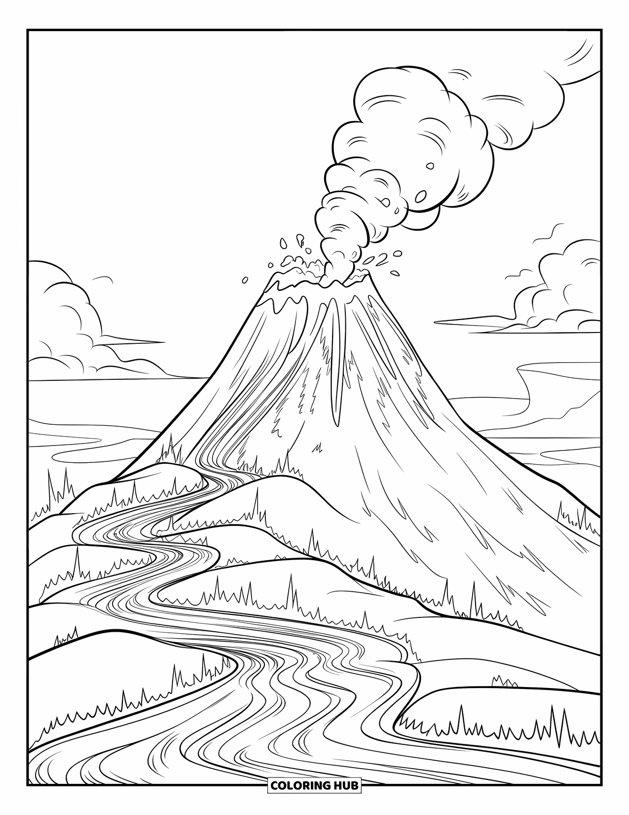 Desenho de vulcão para colorir para crianças: Um vulcão enorme vomita lava e fumaça, com fluxos de fogo serpenteando pela encosta da montanha