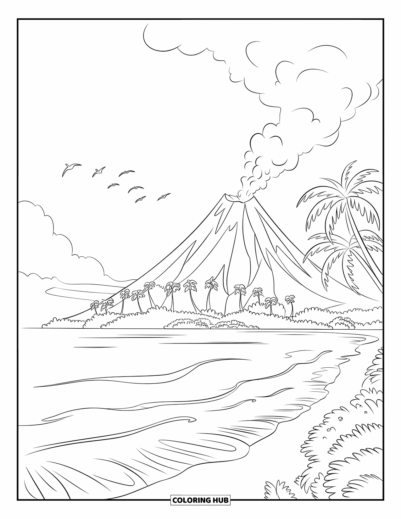 Desenho de vulcão para colorir para crianças: Um vulcão em uma ilha tranquila solta fumaça enquanto as ondas batem na costa sob um céu claro