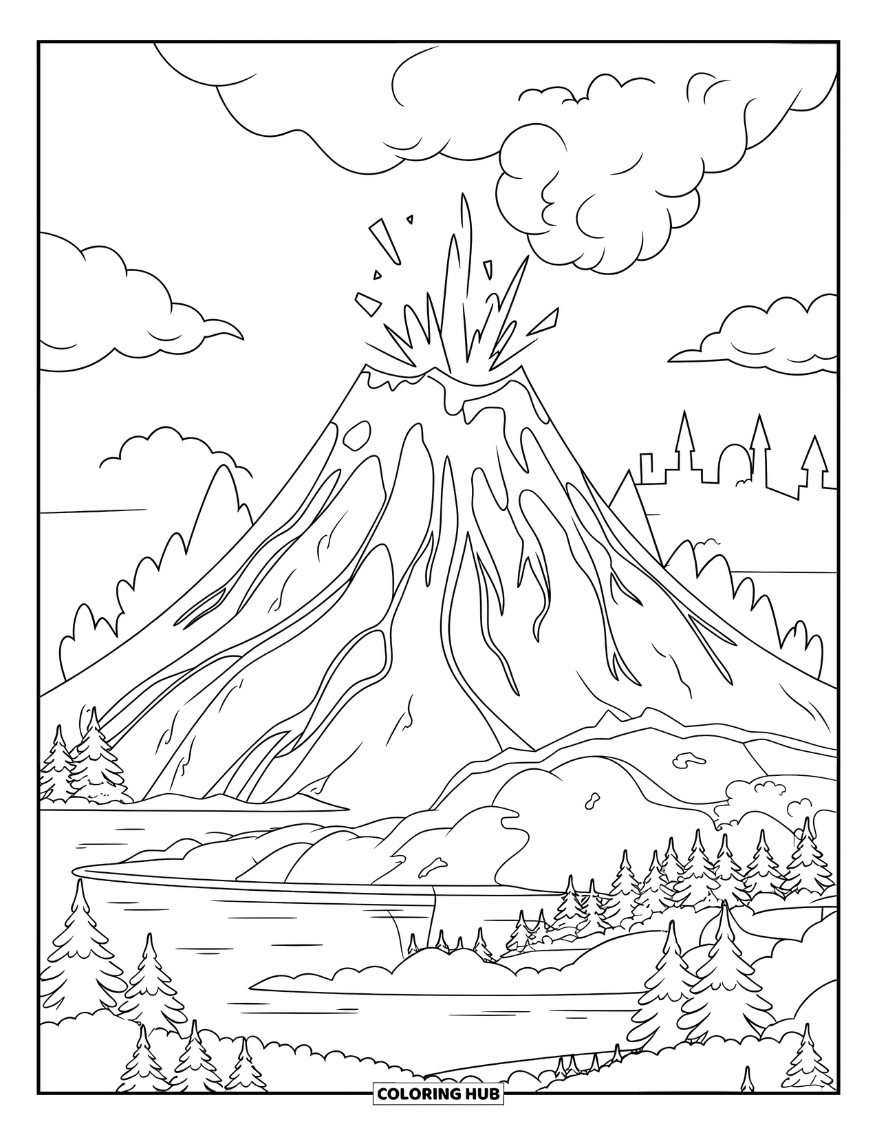 Desenho de vulcão para colorir para crianças: Um vulcão poderoso entra em erupção, cercado por árvores e uma massa de água, com a silhueta de um castelo nas proximidades