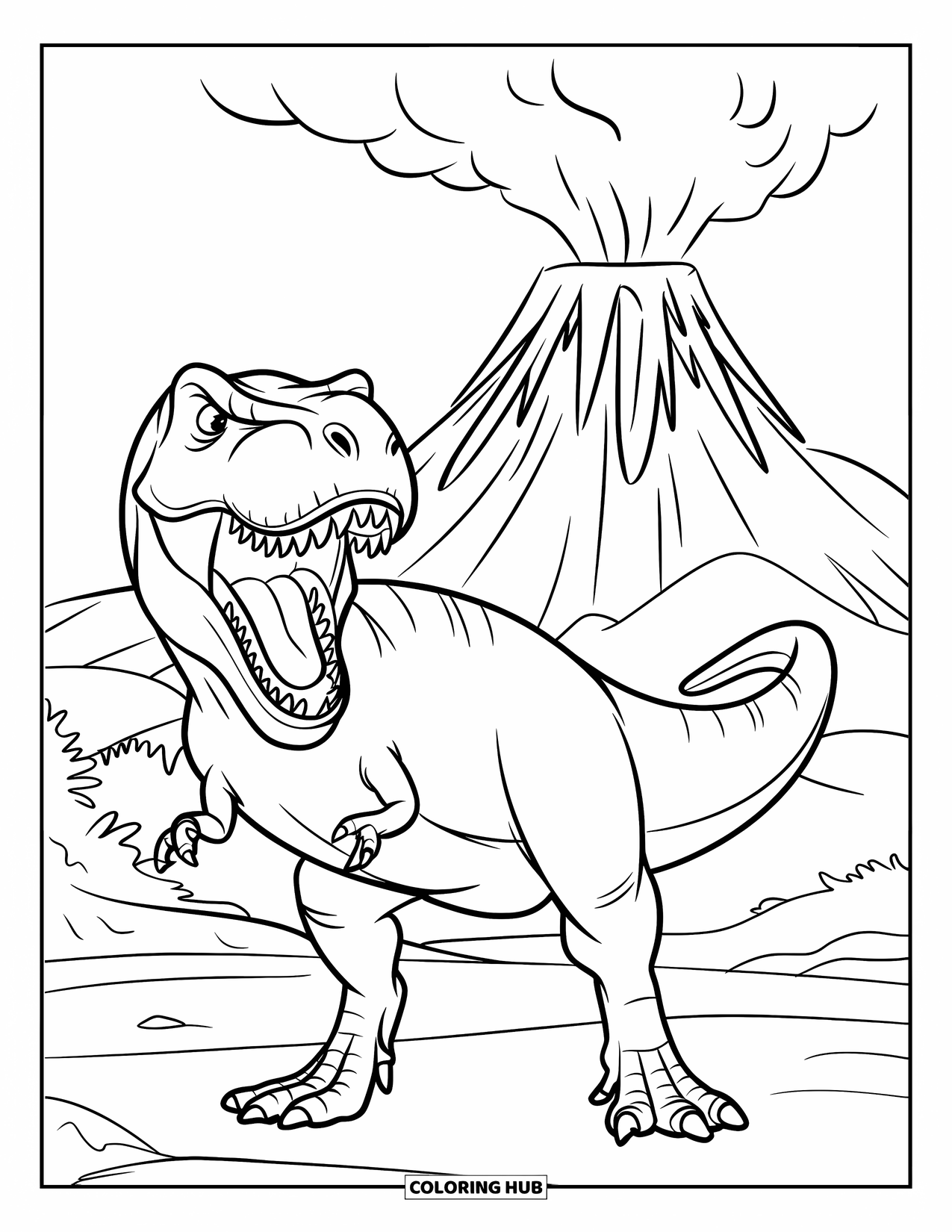 Desenho de vulcão para colorir para crianças: Um T-Rex rugindo está em primeiro plano enquanto um vulcão distante entra em erupção atrás dele