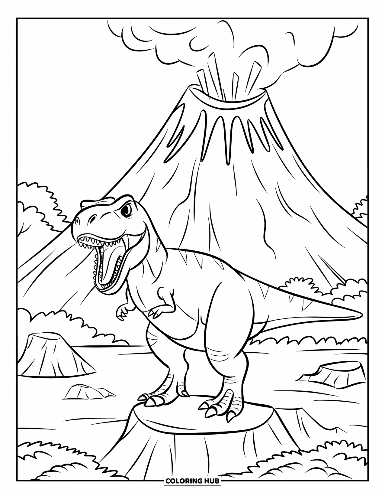 Desenho de vulcão para colorir para crianças: Um T-Rex rugindo está em uma rocha enquanto lava e fumaça entram em erupção de um vulcão poderoso